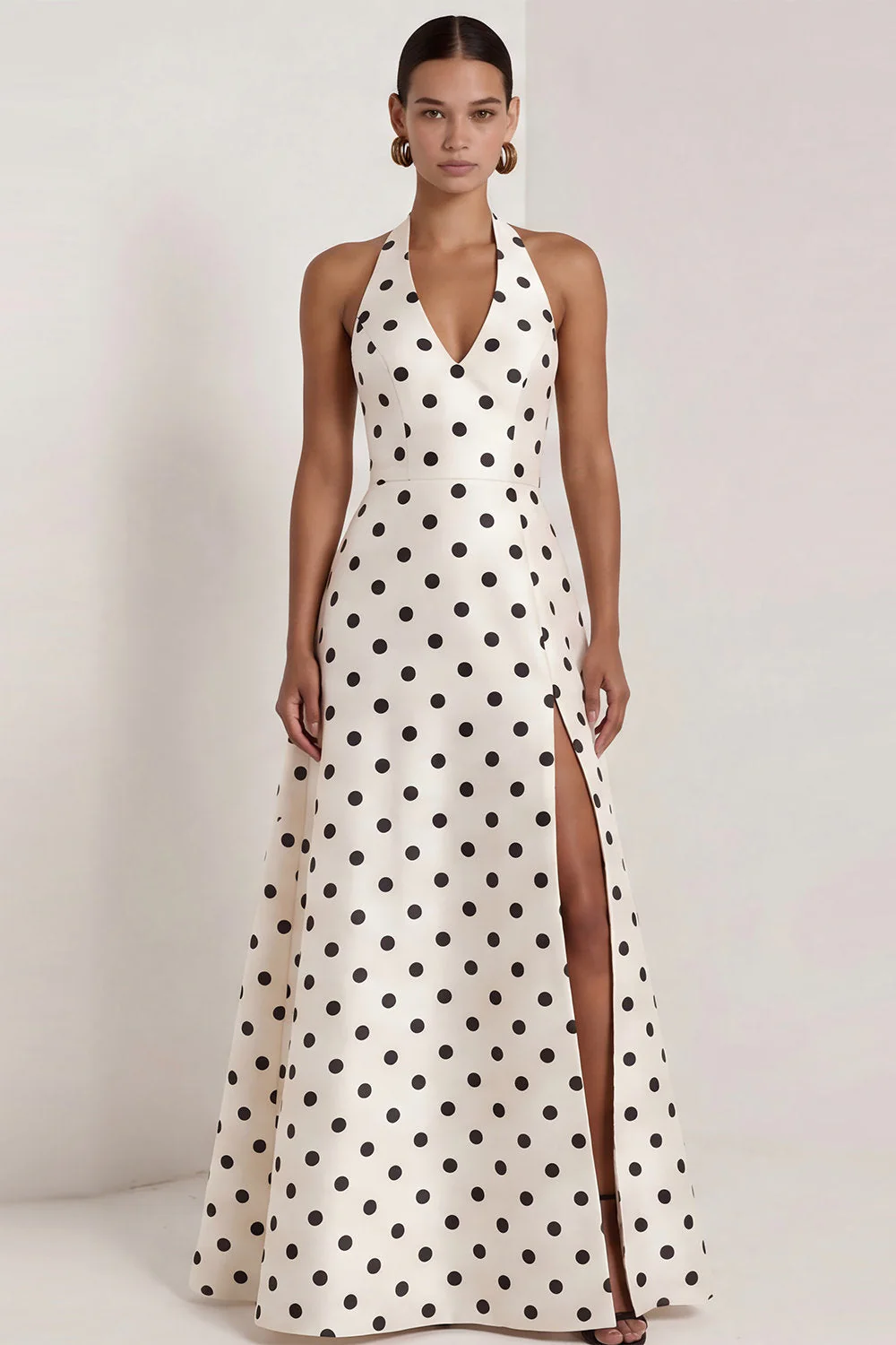Black and White Halter A-Line Satin Long Polka Dots Dress with Slit - Image 6