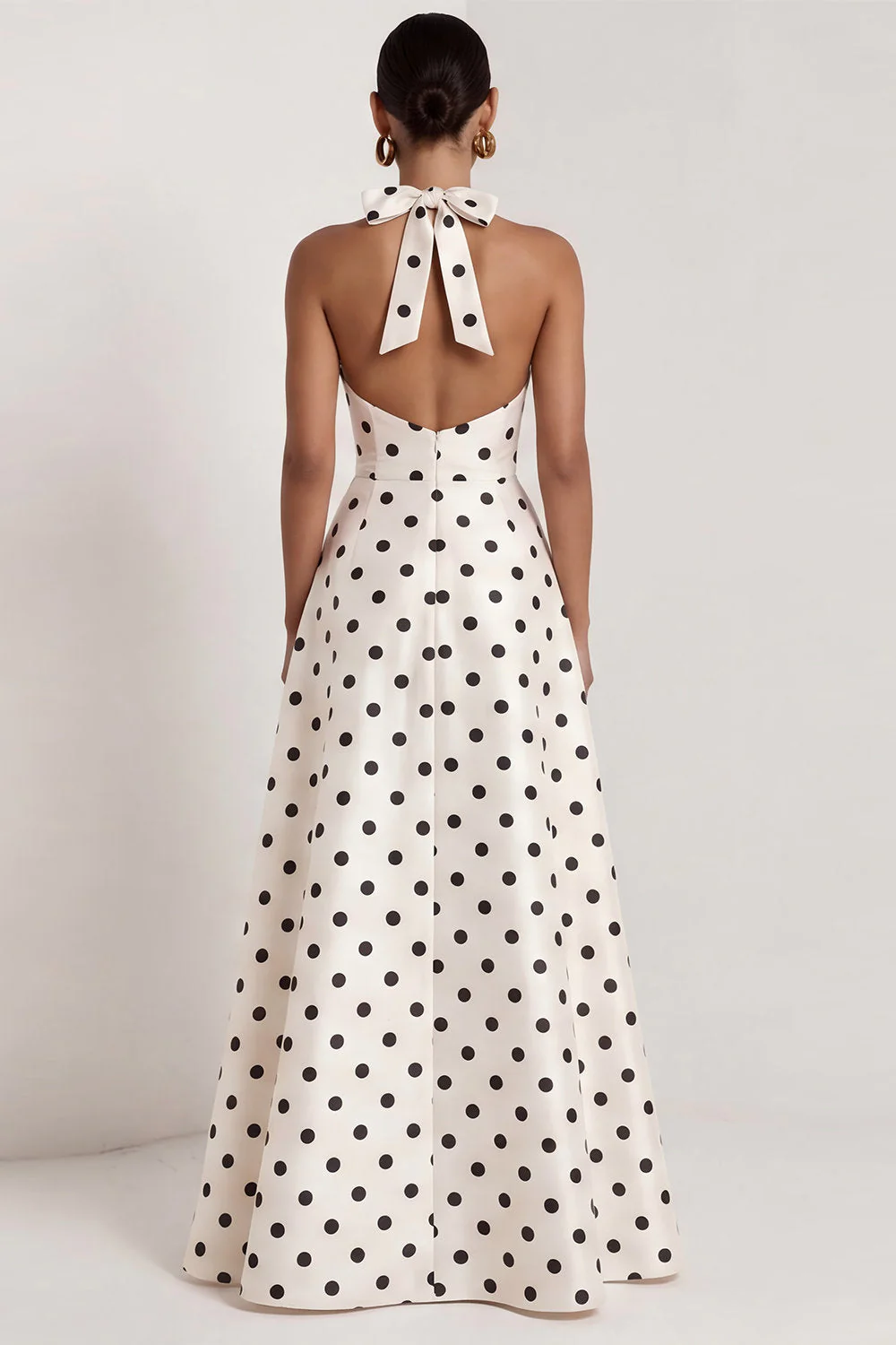 Black and White Halter A-Line Satin Long Polka Dots Dress with Slit - Image 7