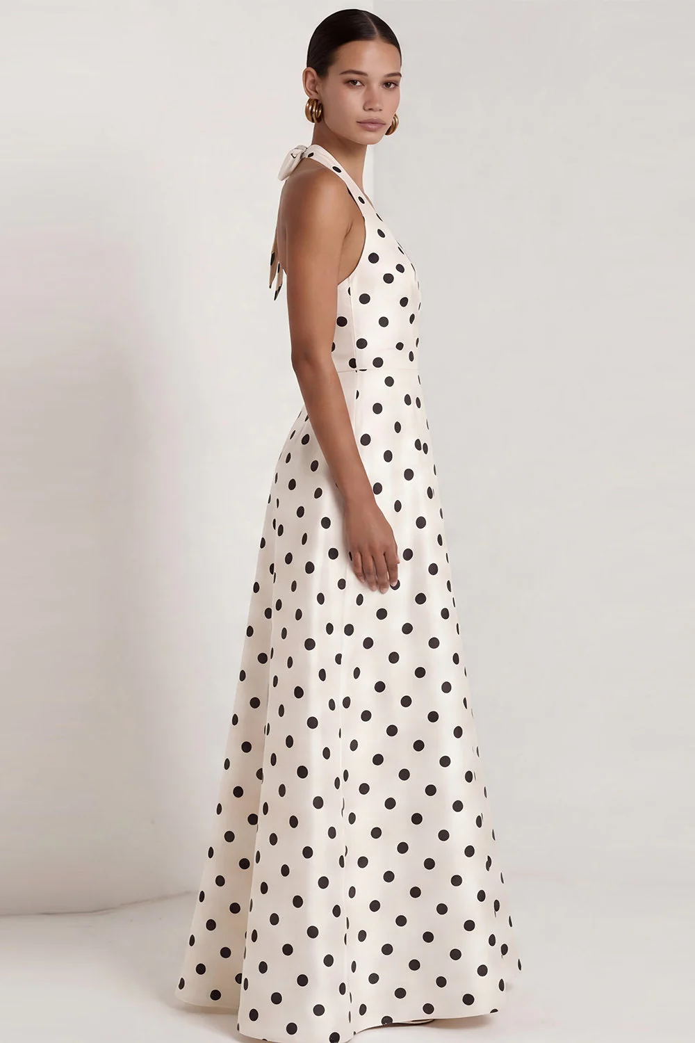 Black and White Halter A-Line Satin Long Polka Dots Dress with Slit - Image 8