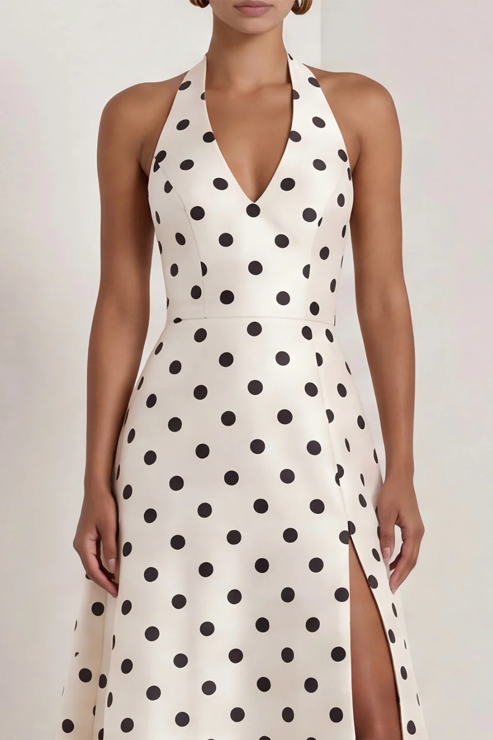 Black and White Halter A-Line Satin Long Polka Dots Dress with Slit - Image 9