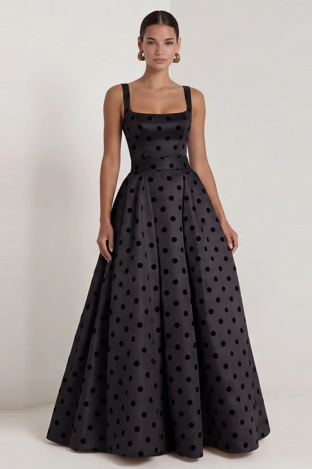 A-Line Black and White Square Neck Satin Long Polka Dots Dress with Bow - Image 11