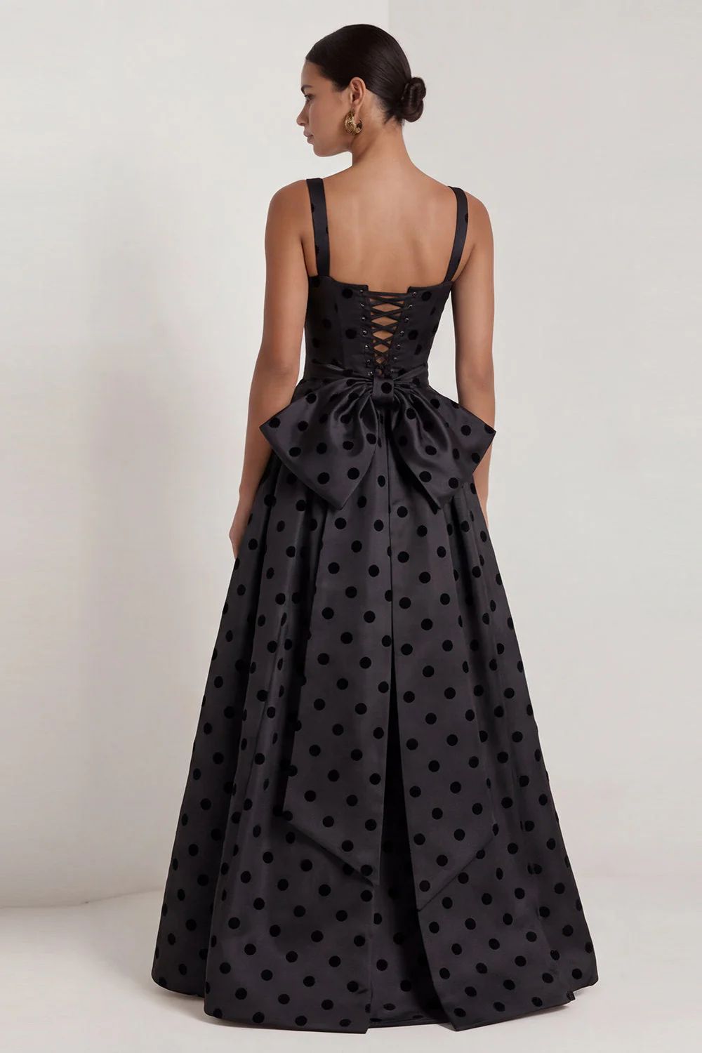 A-Line Black and White Square Neck Satin Long Polka Dots Dress with Bow - Image 12