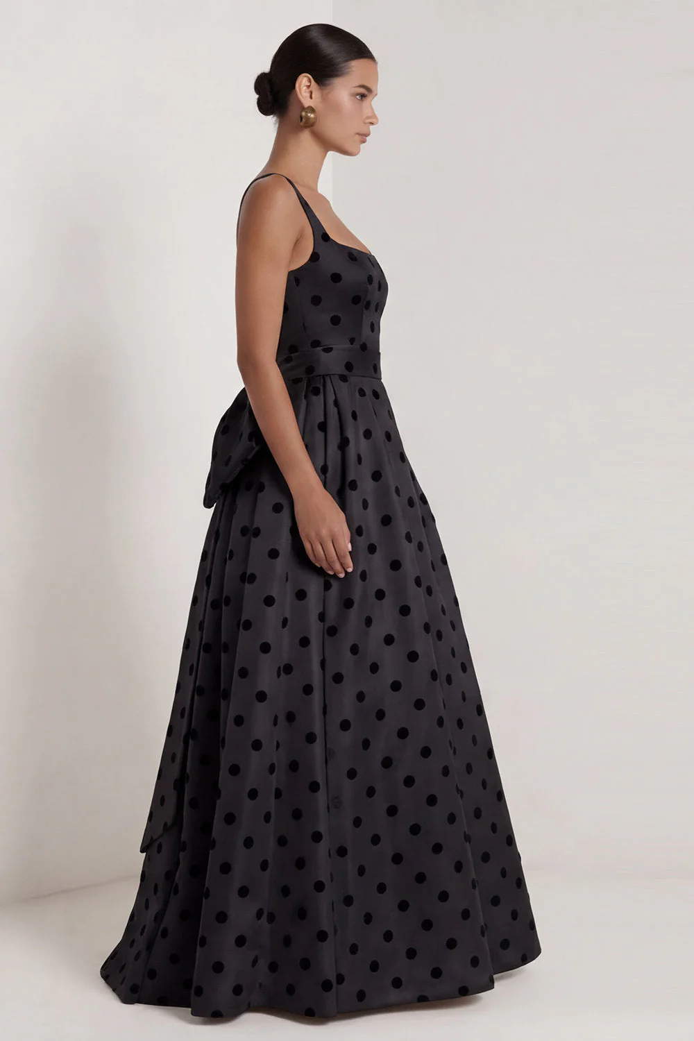 A-Line Black and White Square Neck Satin Long Polka Dots Dress with Bow - Image 13