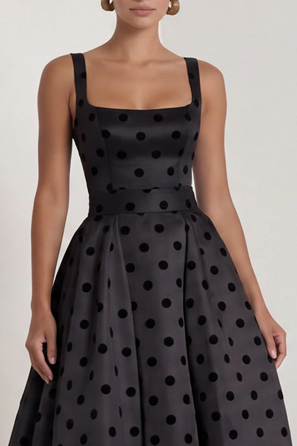 A-Line Black and White Square Neck Satin Long Polka Dots Dress with Bow - Image 14