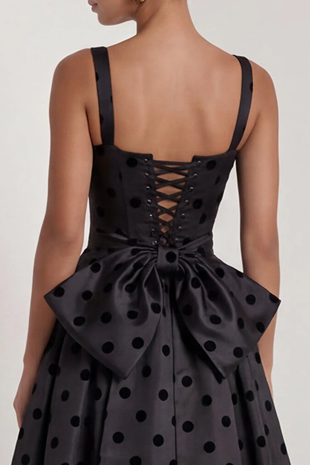A-Line Black and White Square Neck Satin Long Polka Dots Dress with Bow - Image 15