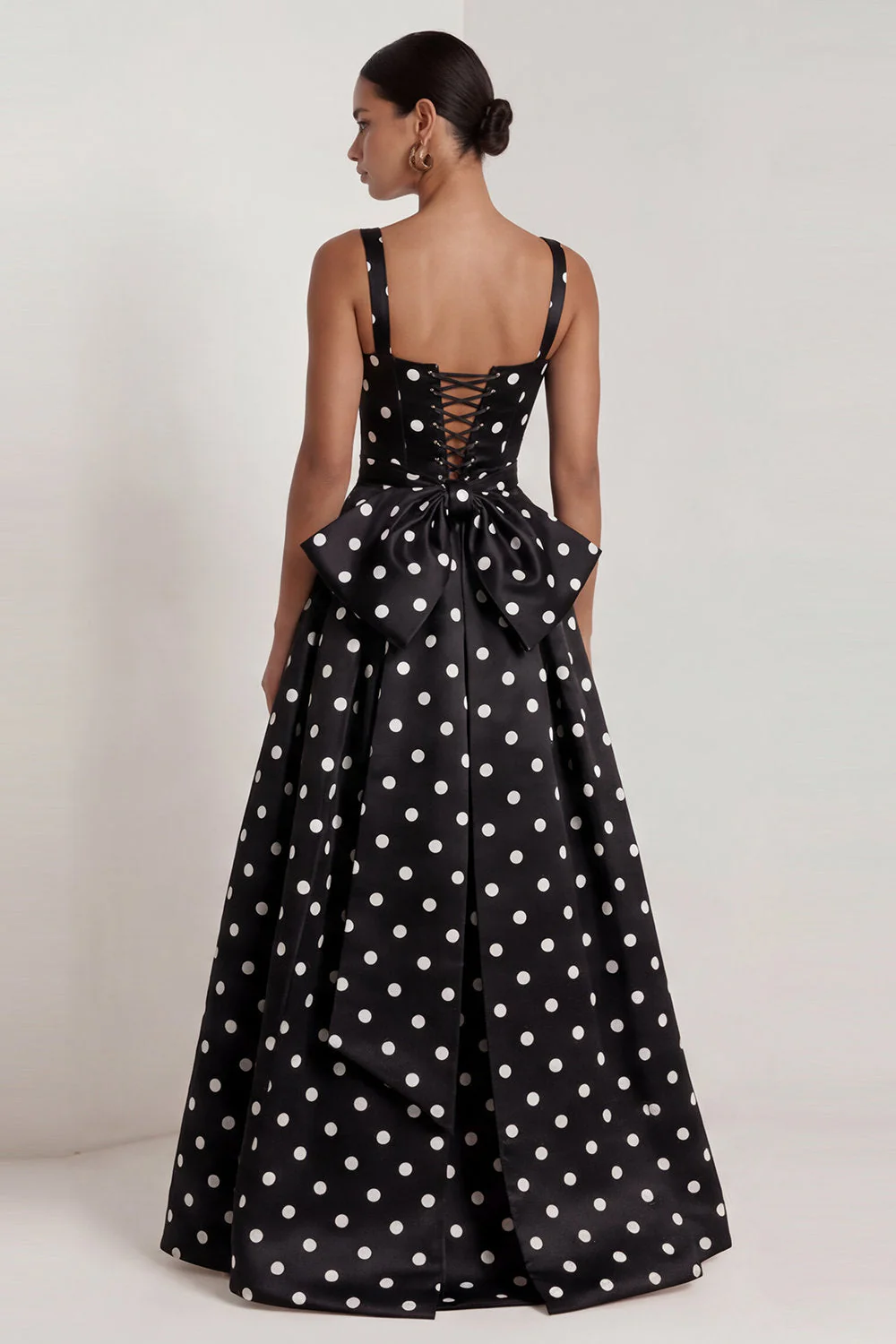 A-Line Black and White Square Neck Satin Long Polka Dots Dress with Bow - Image 2