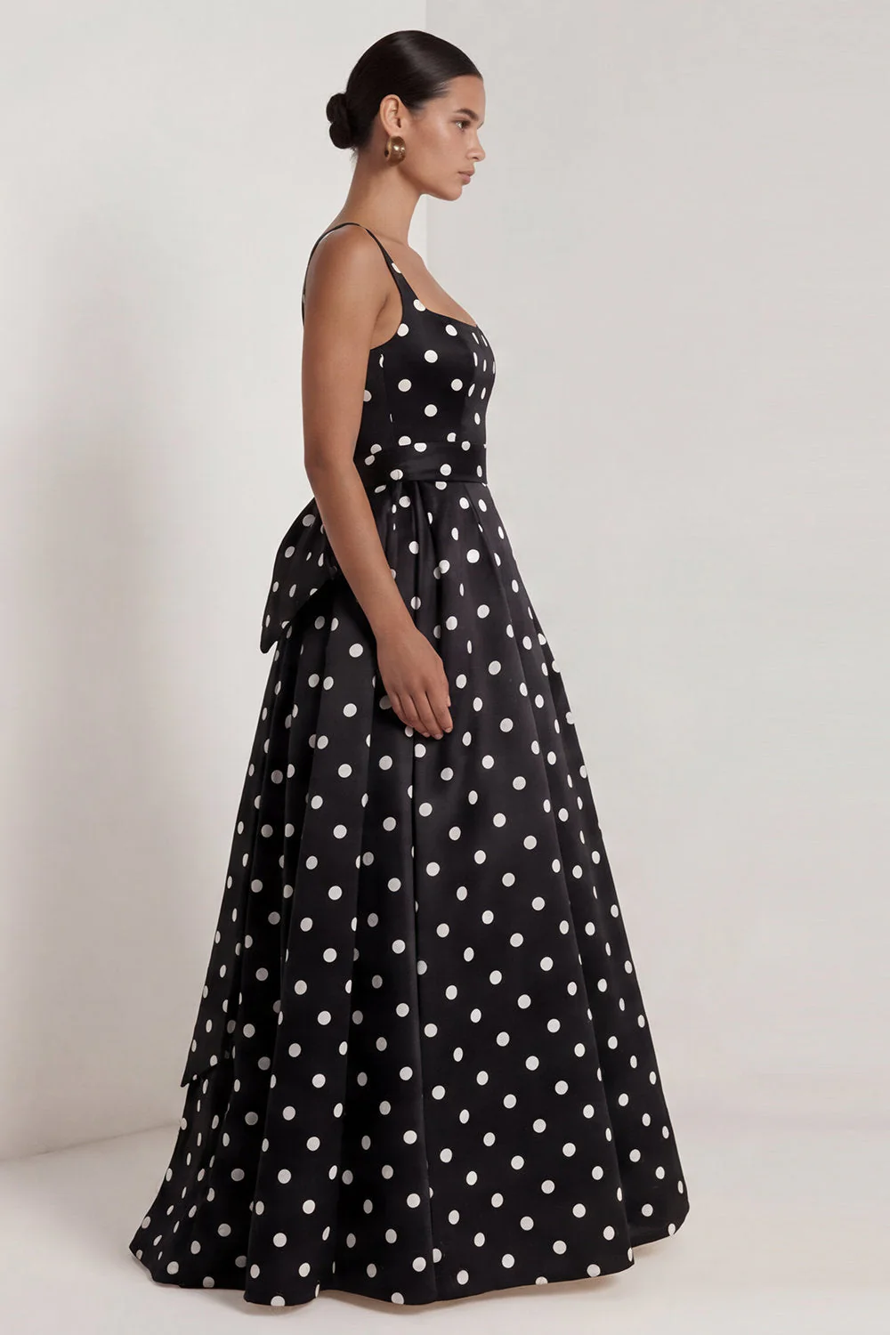A-Line Black and White Square Neck Satin Long Polka Dots Dress with Bow - Image 3
