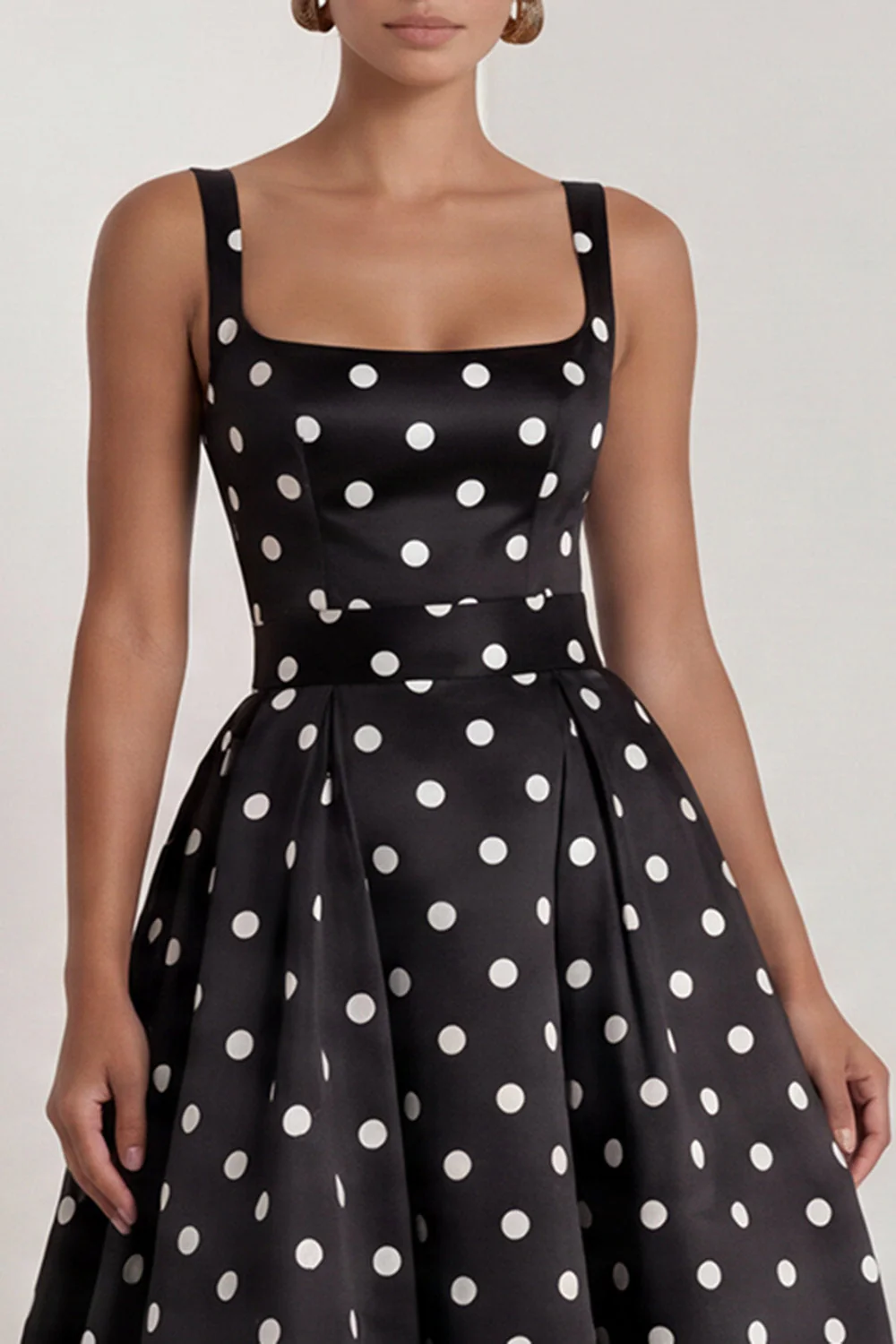 A-Line Black and White Square Neck Satin Long Polka Dots Dress with Bow - Image 4