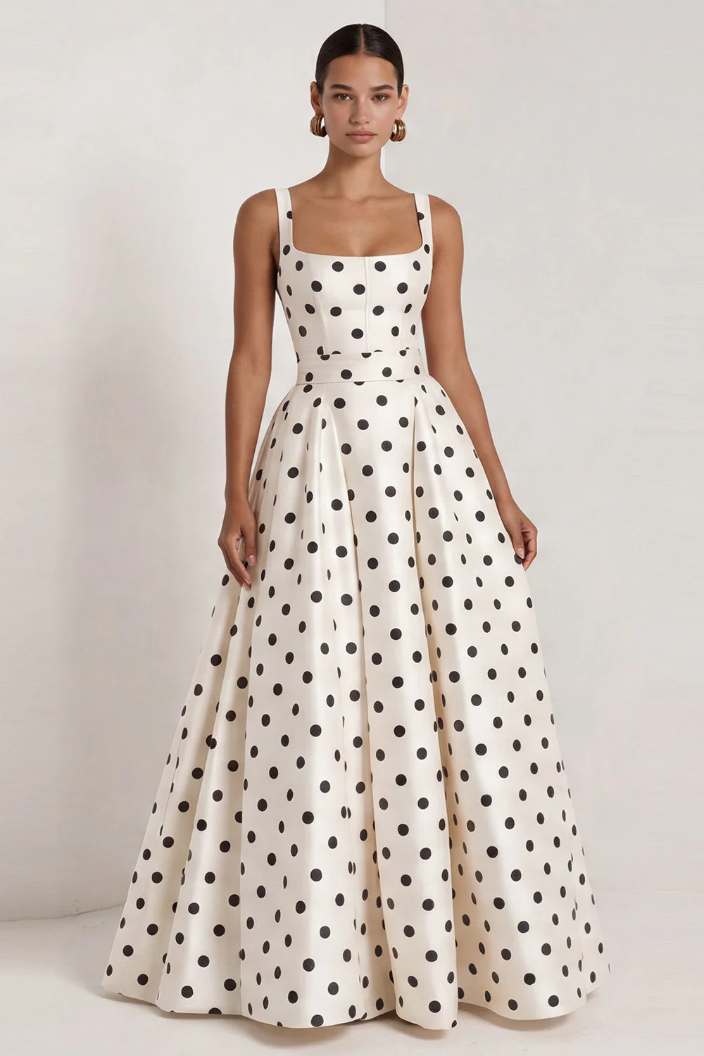 A-Line Black and White Square Neck Satin Long Polka Dots Dress with Bow - Image 6