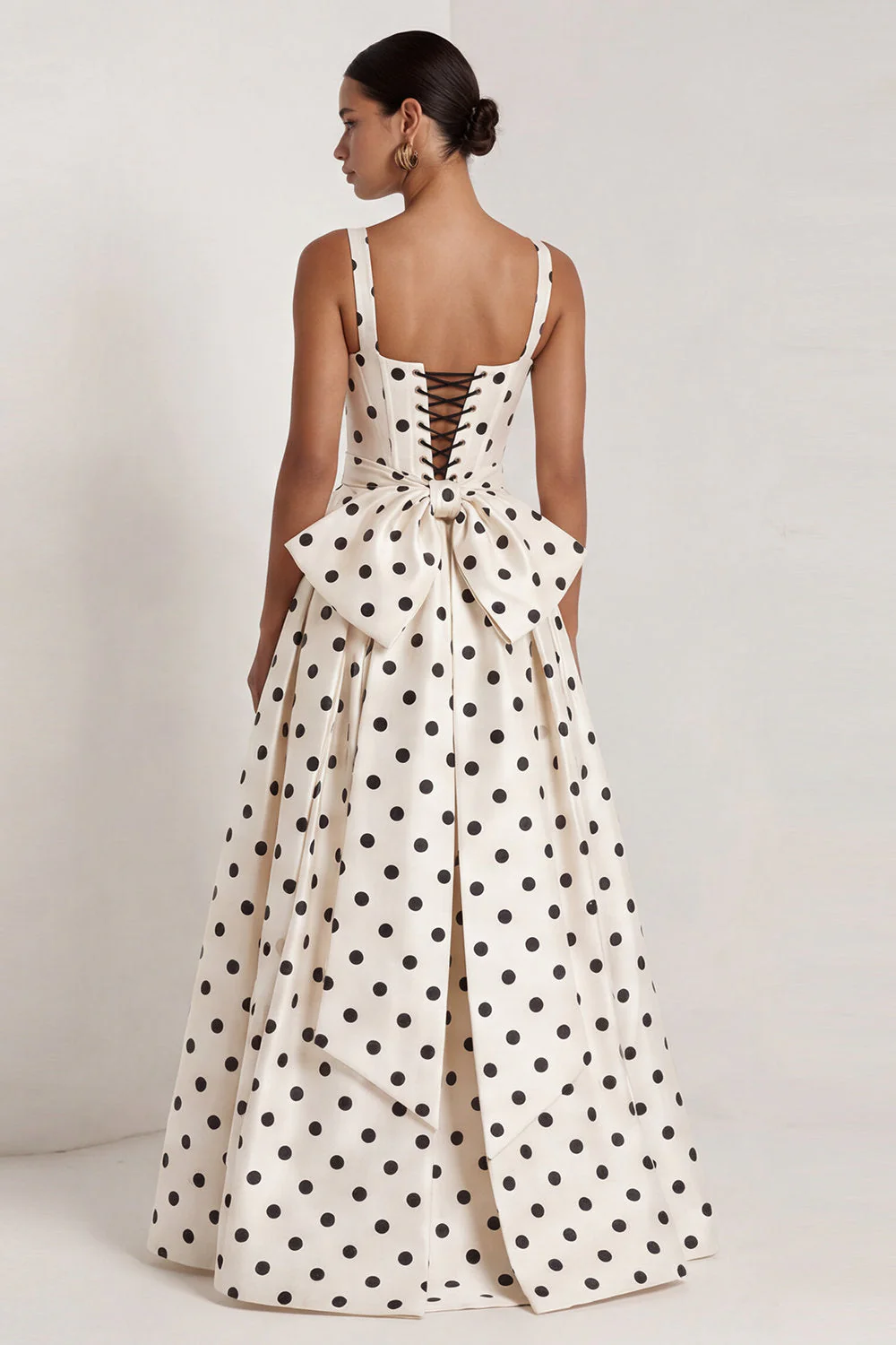 A-Line Black and White Square Neck Satin Long Polka Dots Dress with Bow - Image 7