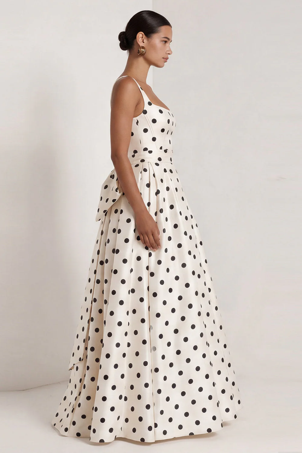 A-Line Black and White Square Neck Satin Long Polka Dots Dress with Bow - Image 8