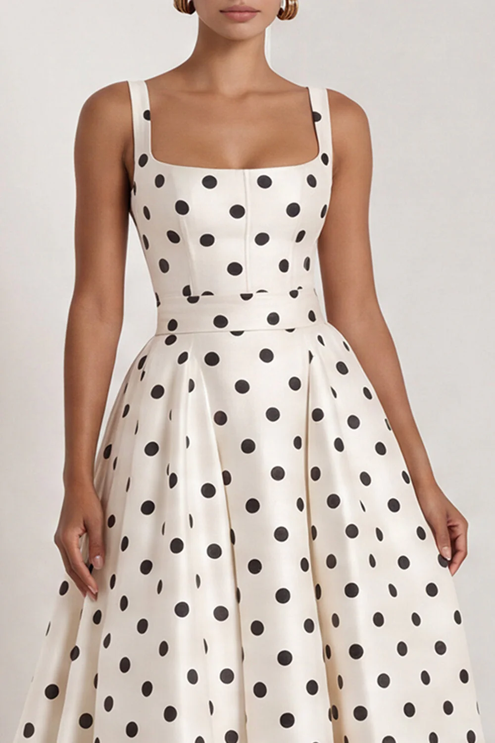 A-Line Black and White Square Neck Satin Long Polka Dots Dress with Bow - Image 9