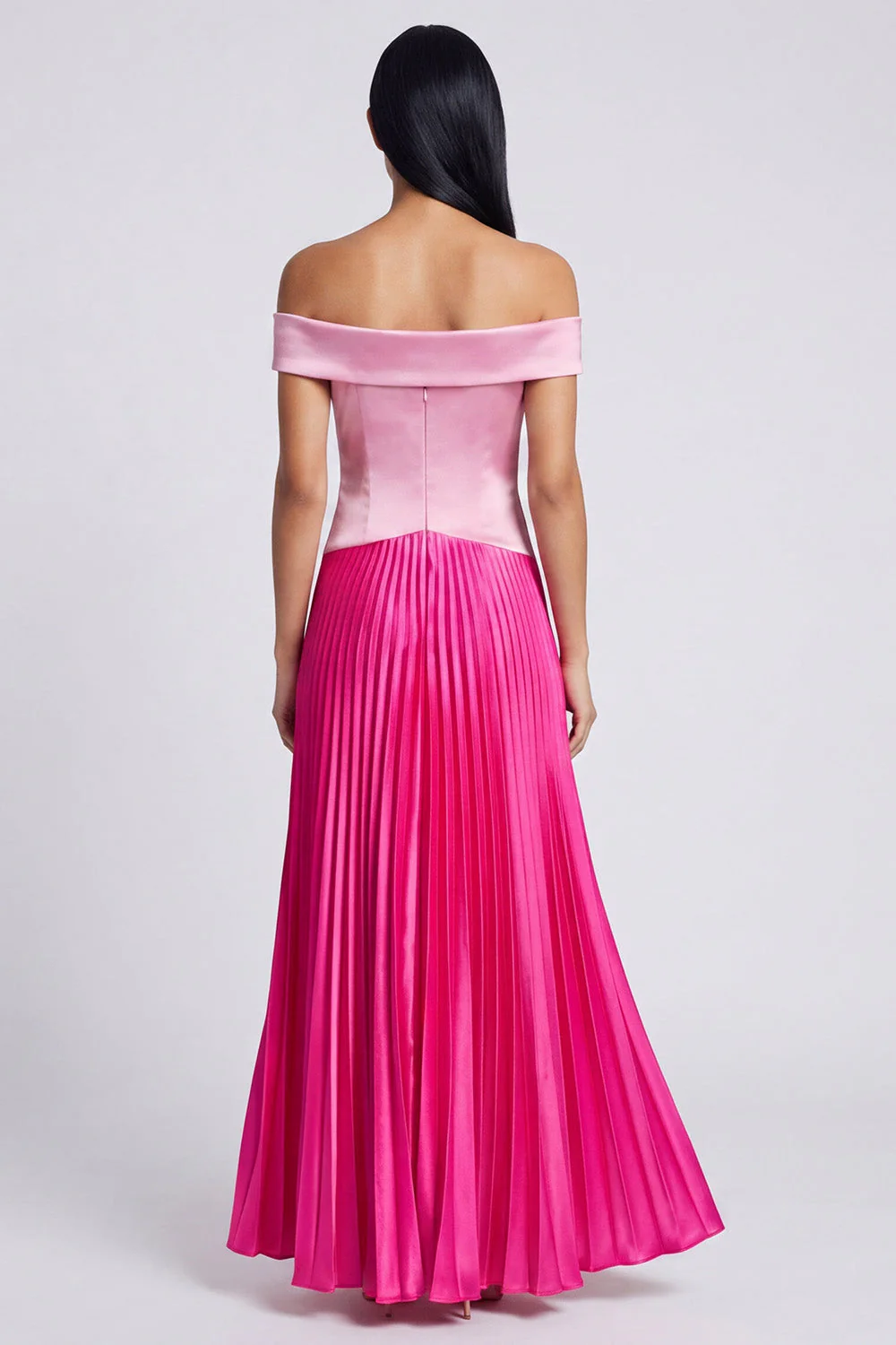 A-Line Satin Pink and Fuchsia Off the Shoulder Pleated Maxi Dress - Image 2