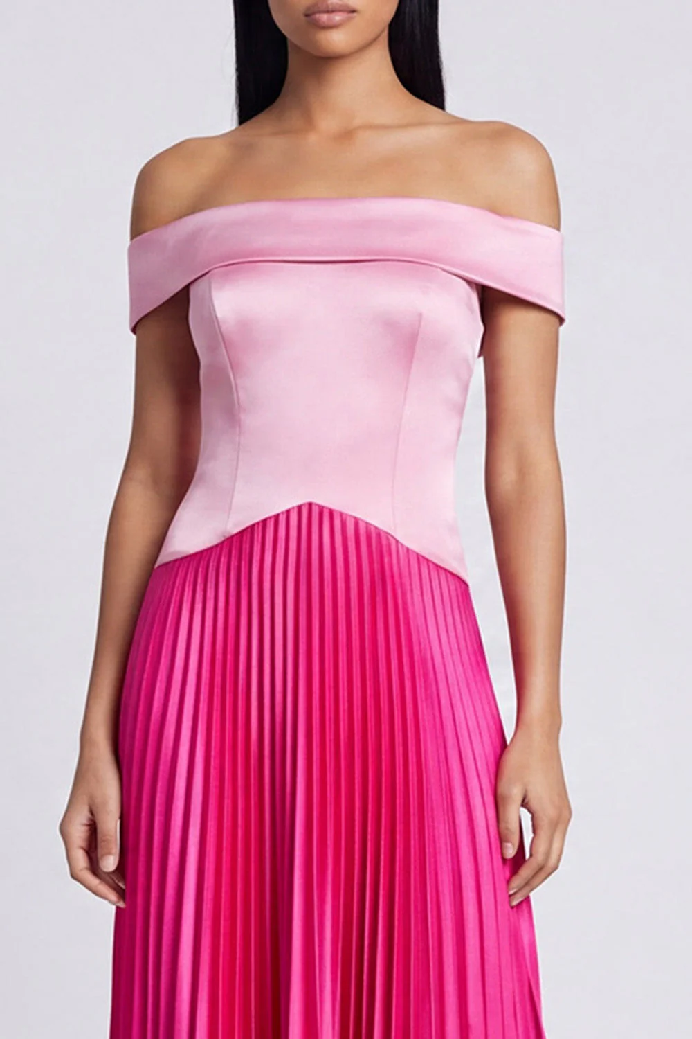 A-Line Satin Pink and Fuchsia Off the Shoulder Pleated Maxi Dress - Image 3
