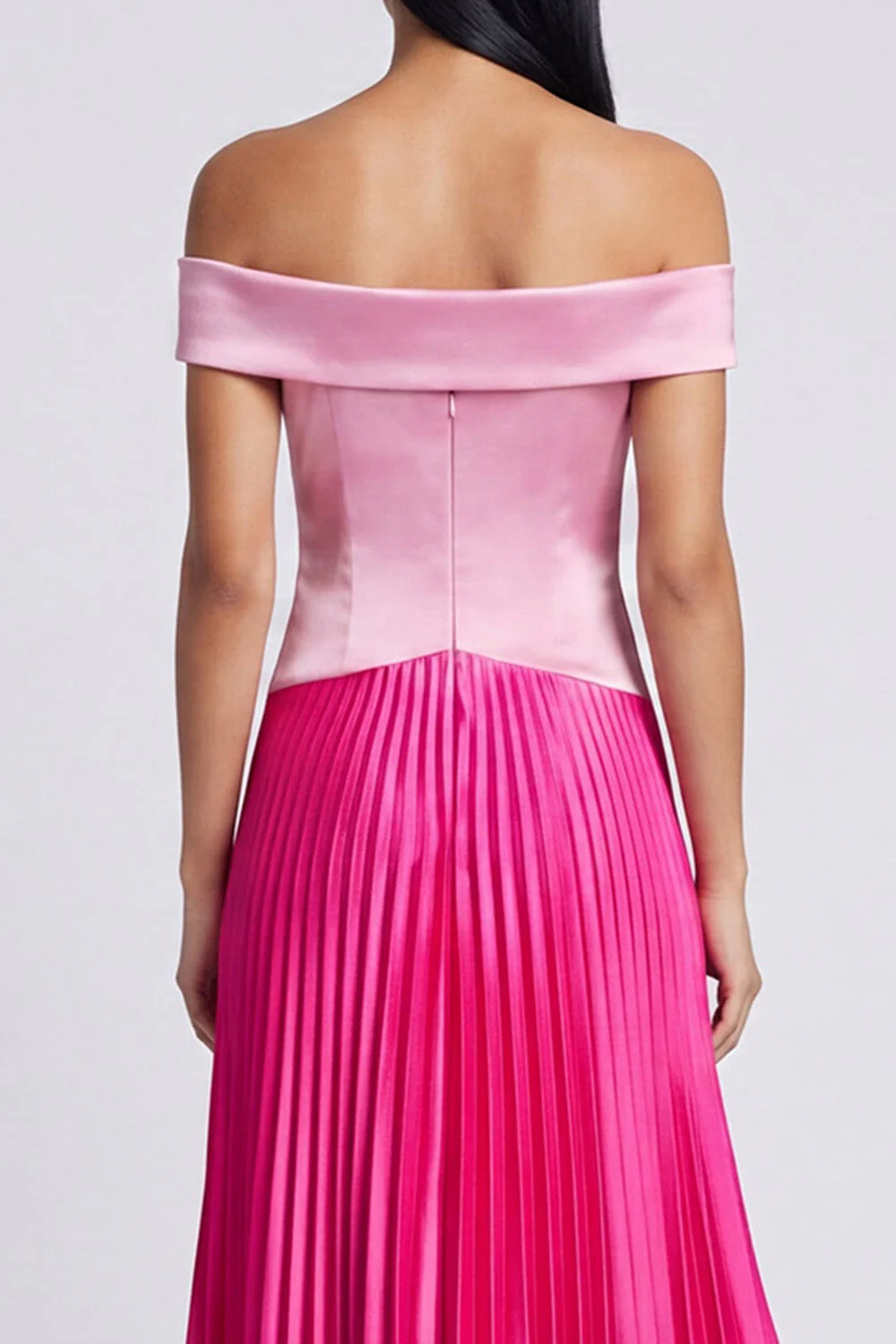 A-Line Satin Pink and Fuchsia Off the Shoulder Pleated Maxi Dress - Image 4