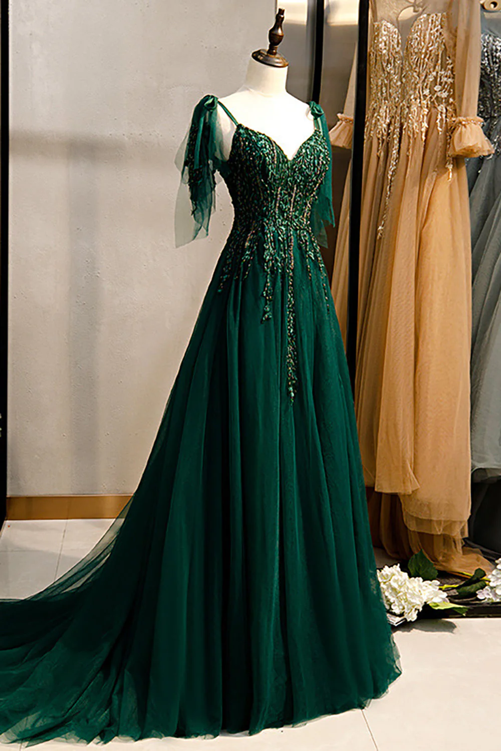 A-Line Spaghetti Straps Dark Green Prom Dress with Beading - Image 2