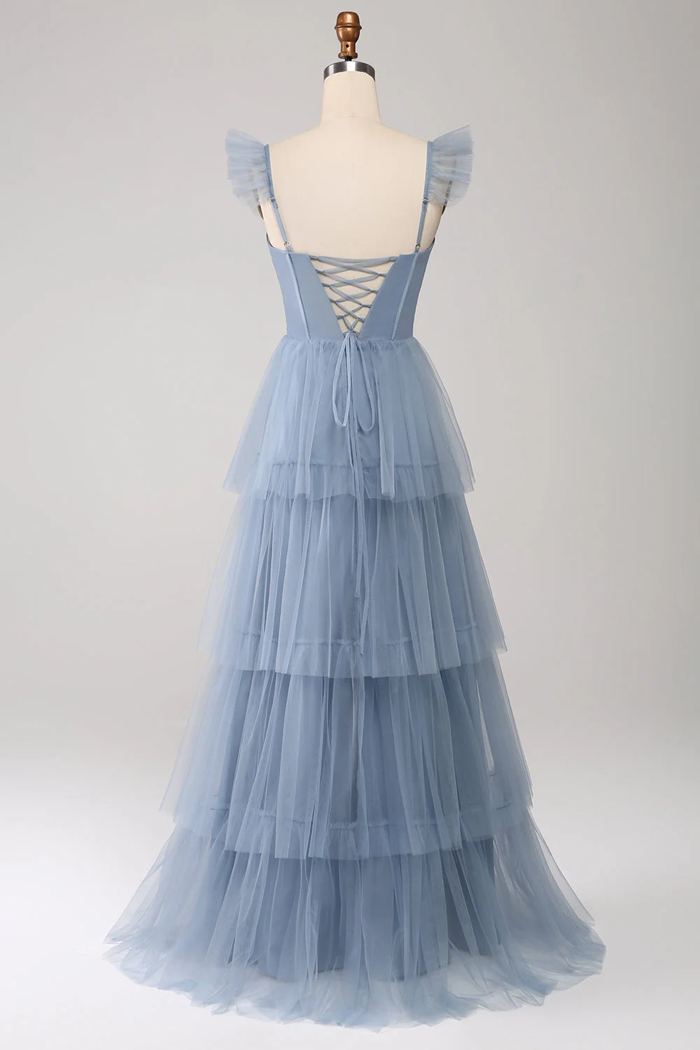 A Line Spaghetti Straps Long Tulle Eucalyptus Bridesmaid Dress - Image 10