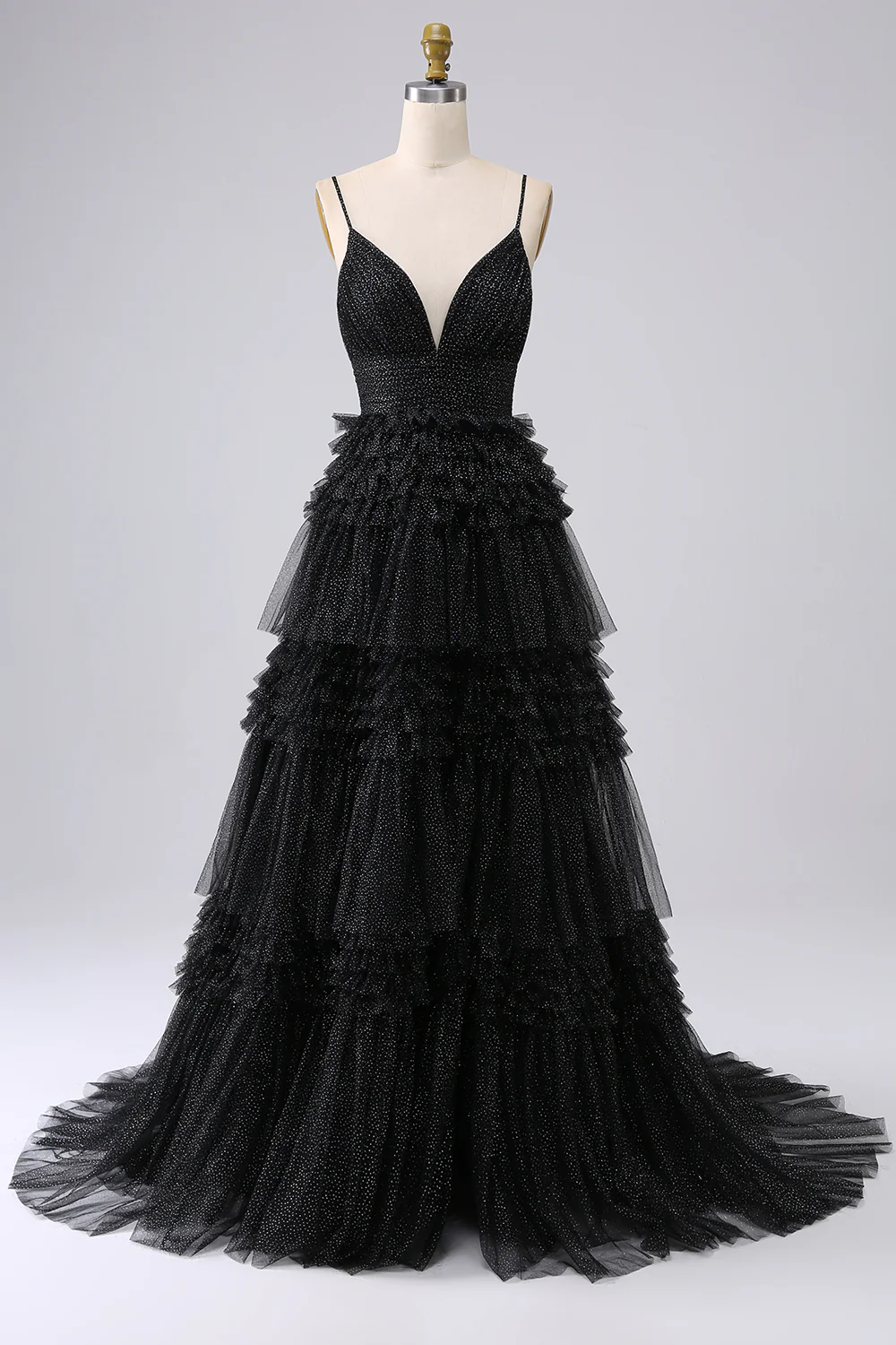 A Line Spaghetti Straps Navy Long Prom Dress with Ruffles - Image 11