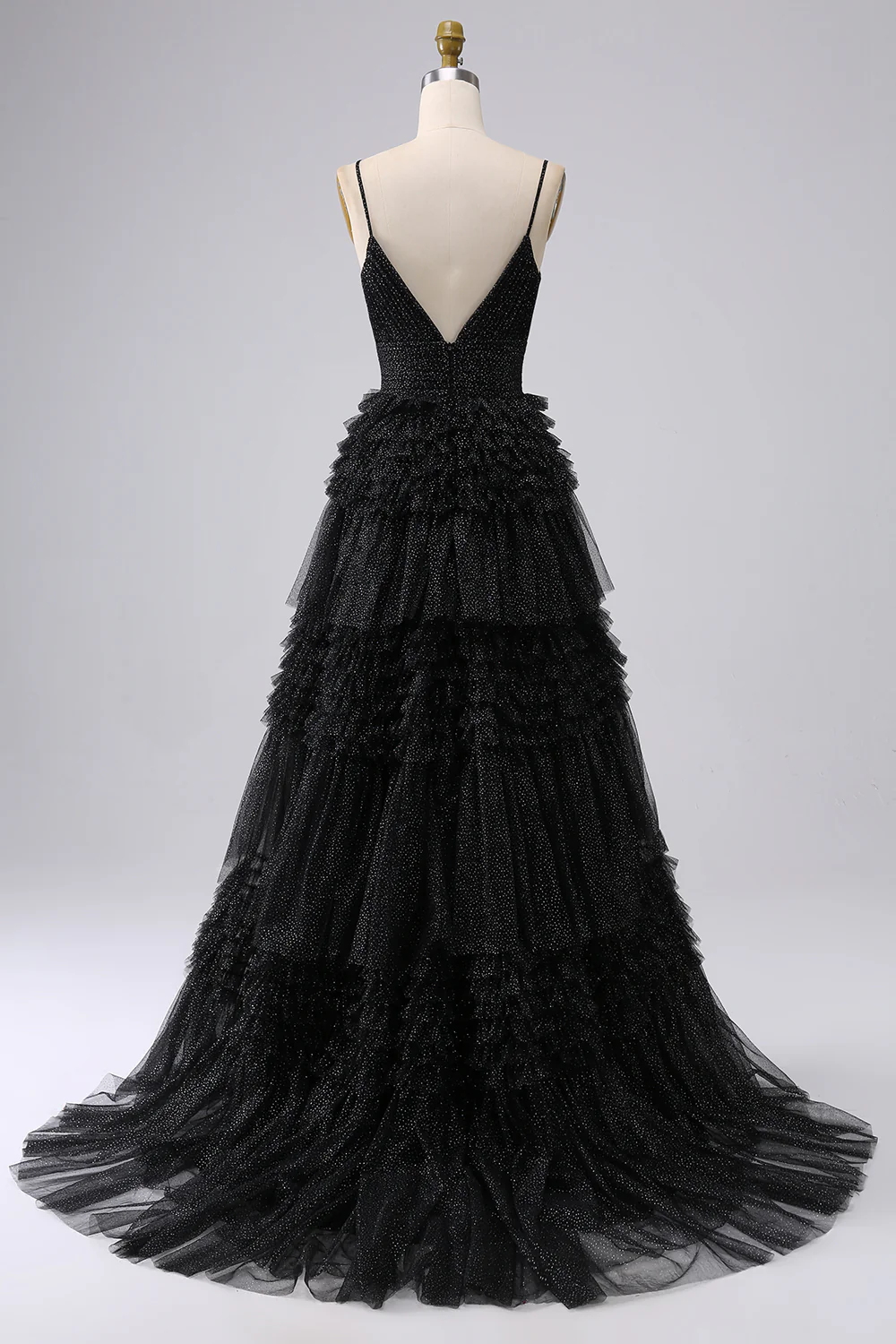 A Line Spaghetti Straps Navy Long Prom Dress with Ruffles - Image 12