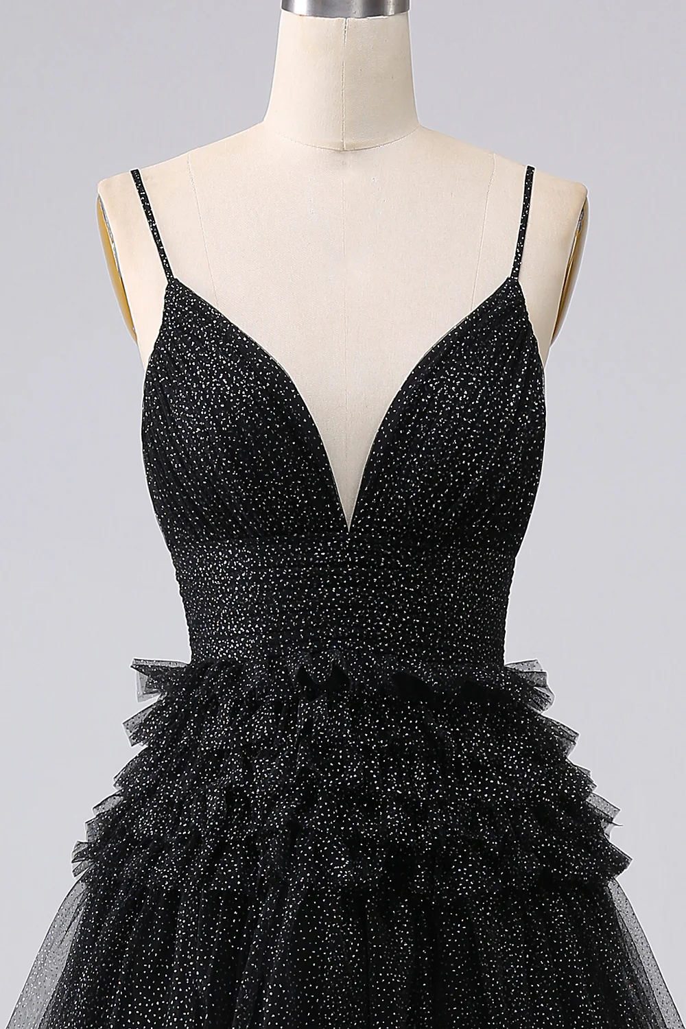 A Line Spaghetti Straps Navy Long Prom Dress with Ruffles - Image 13