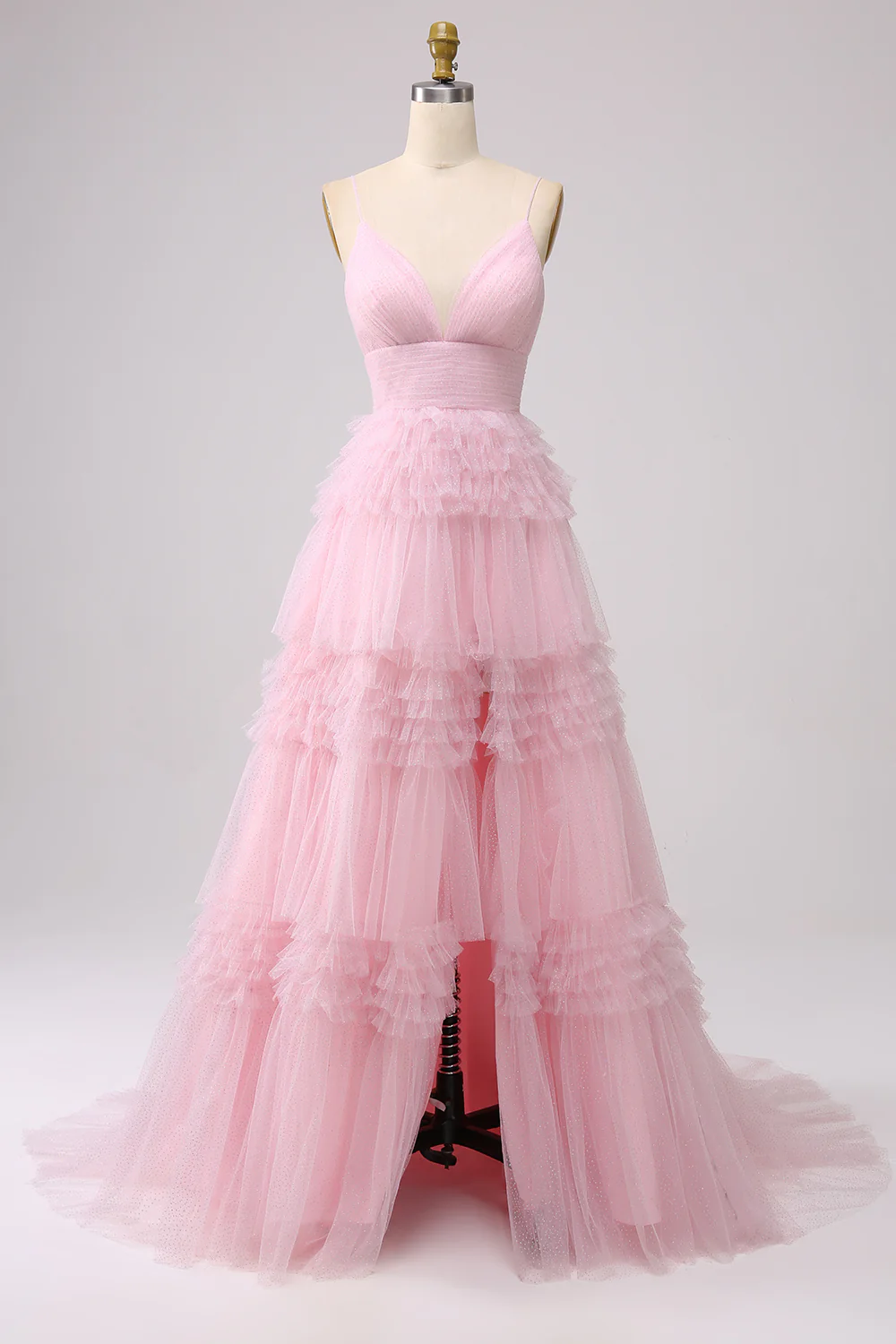 A Line Spaghetti Straps Navy Long Prom Dress with Ruffles - Image 15