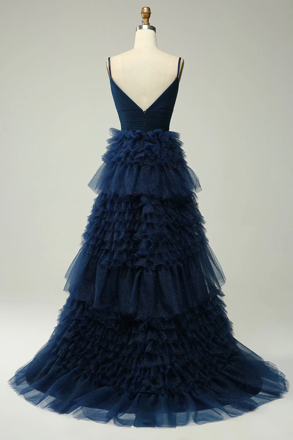 A Line Spaghetti Straps Navy Long Prom Dress with Ruffles - Image 2