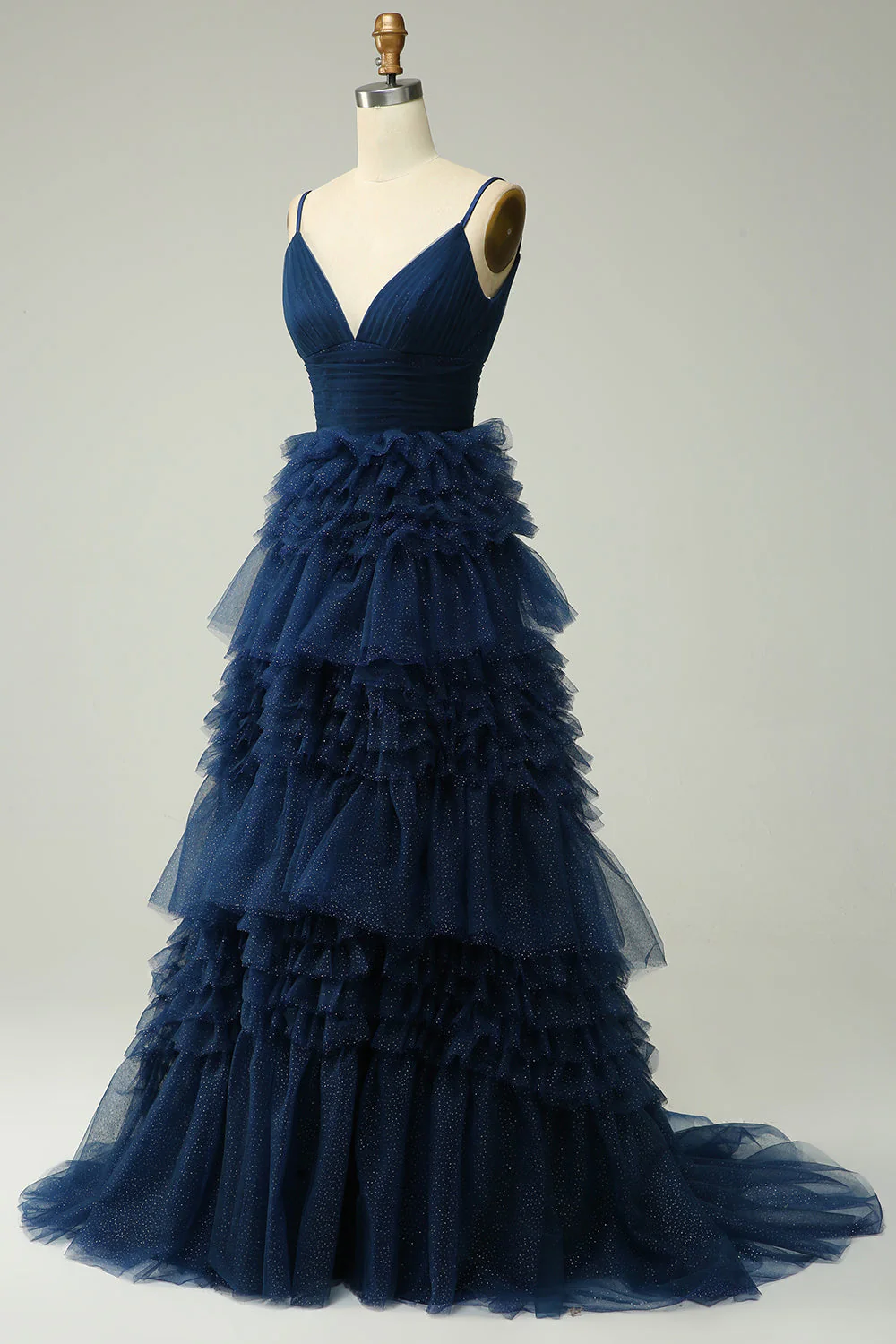 A Line Spaghetti Straps Navy Long Prom Dress with Ruffles - Image 3