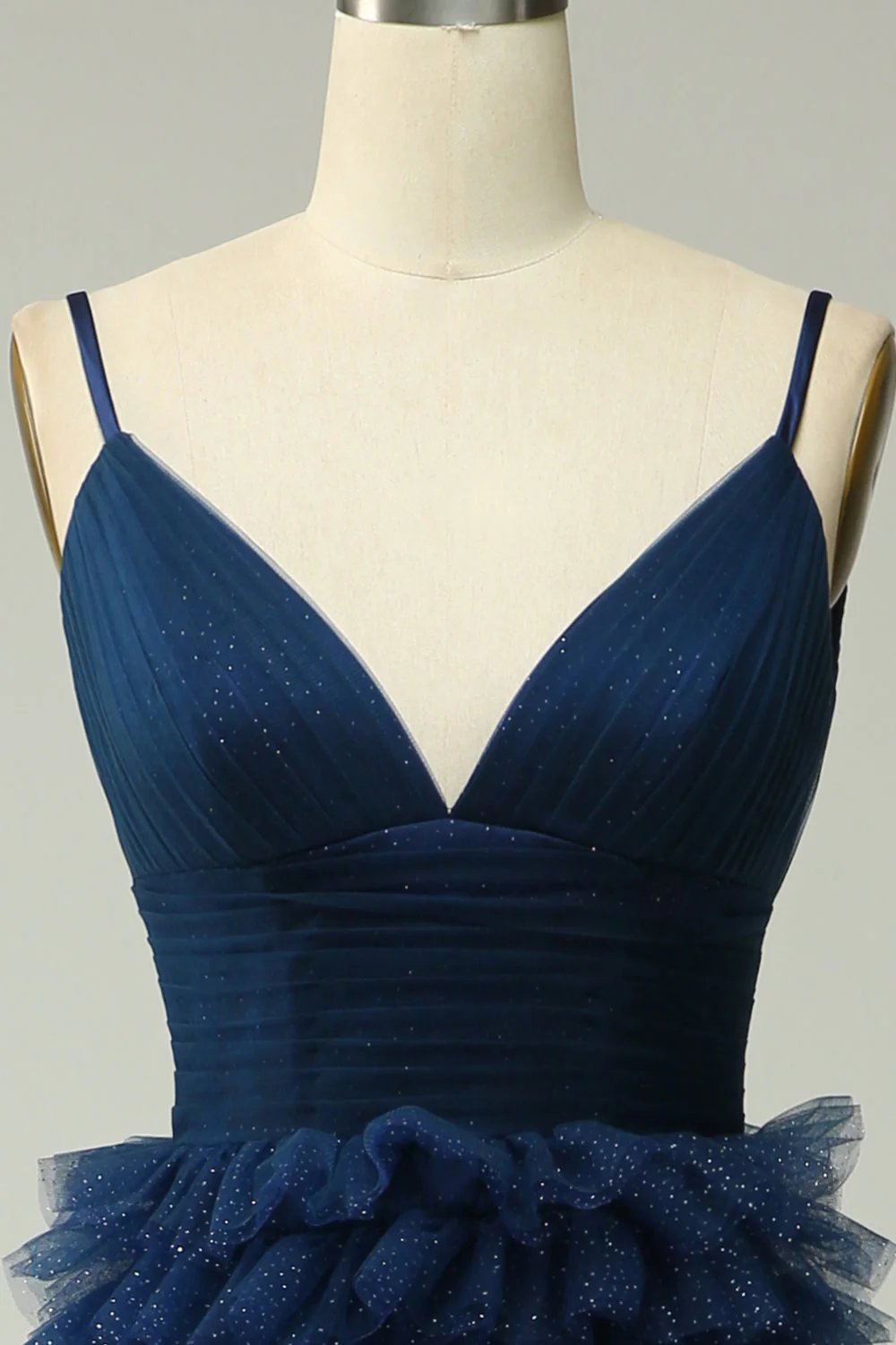 A Line Spaghetti Straps Navy Long Prom Dress with Ruffles - Image 4