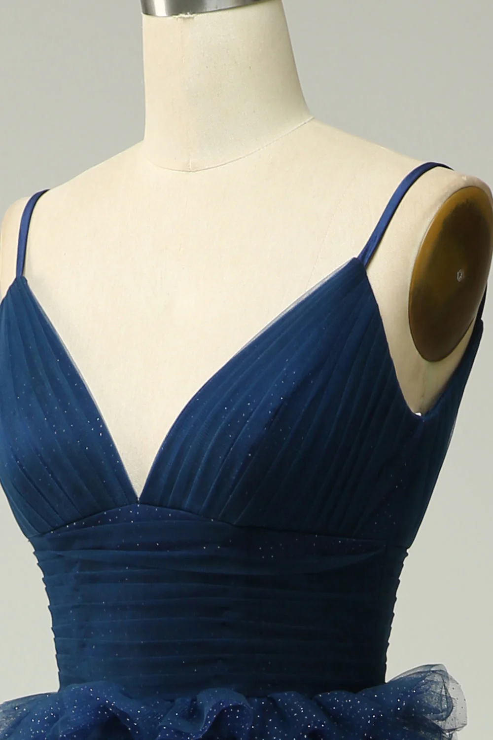 A Line Spaghetti Straps Navy Long Prom Dress with Ruffles - Image 5