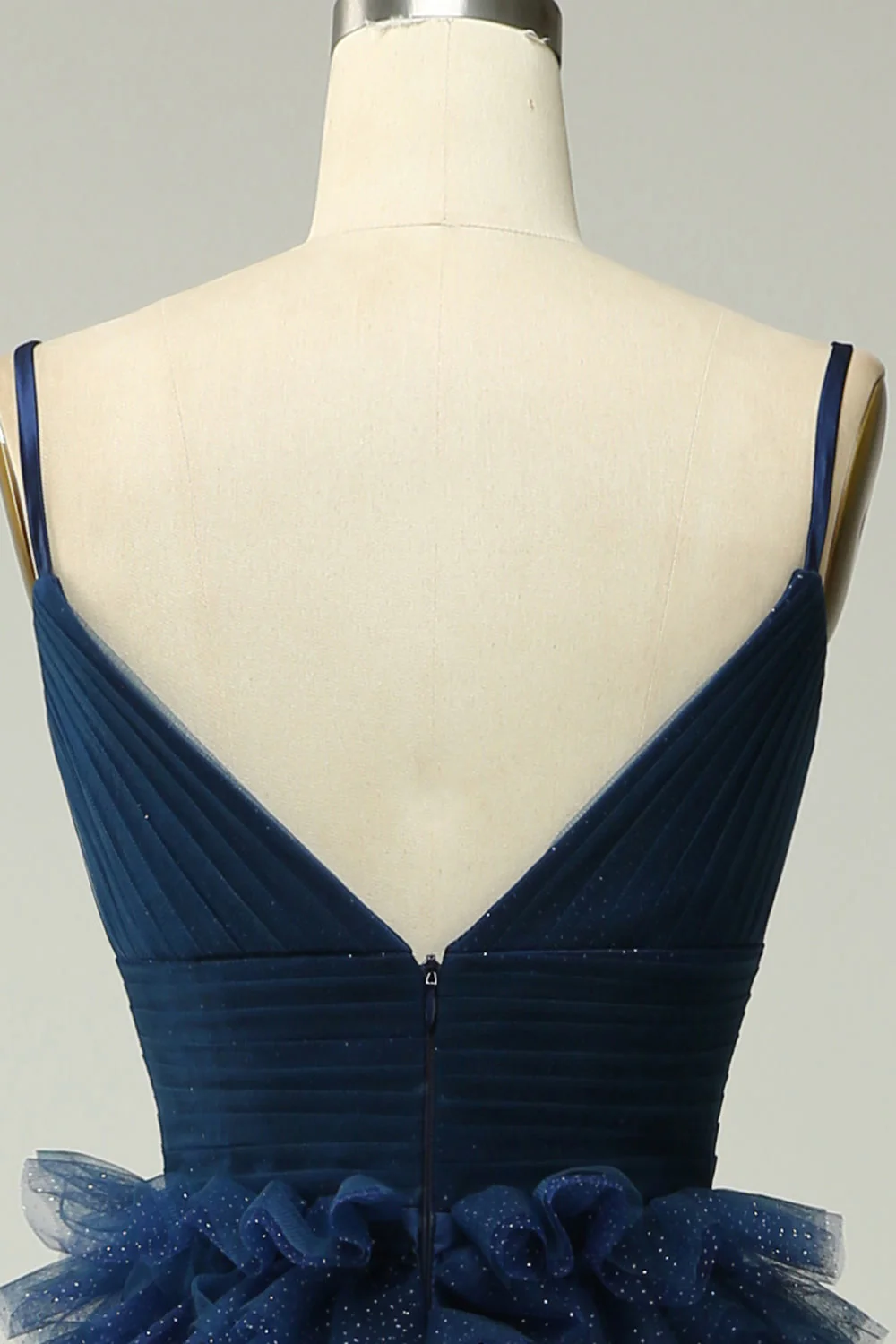 A Line Spaghetti Straps Navy Long Prom Dress with Ruffles - Image 6