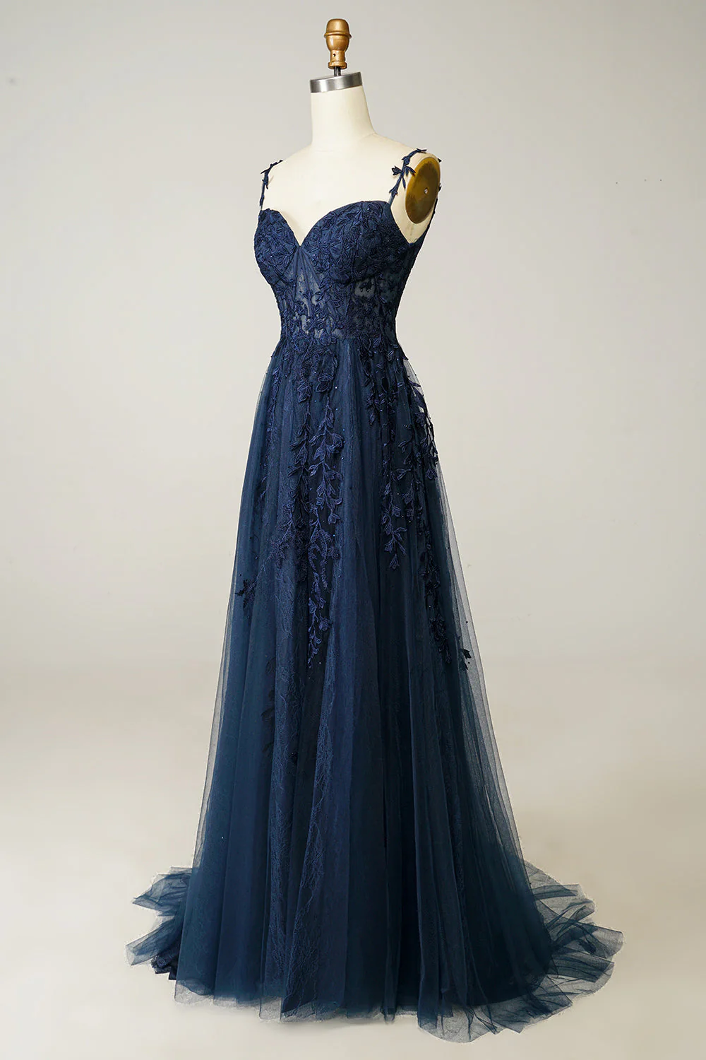 A Line Spaghetti Straps Navy Prom Dress with Appliques - Image 3