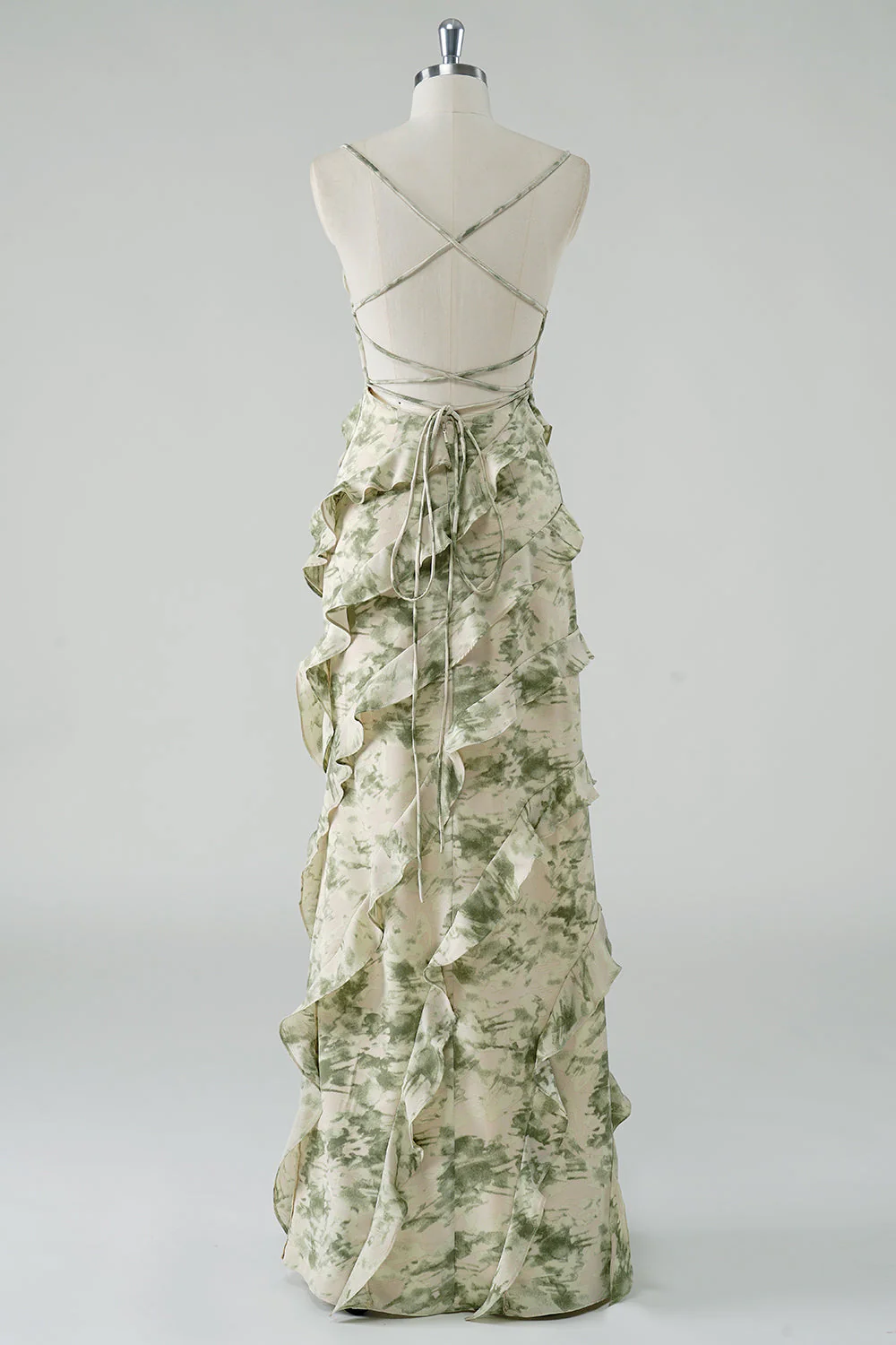 Sage Flower Ruffled Sheath Spaghetti Straps Bridesmaid Dress - Image 2