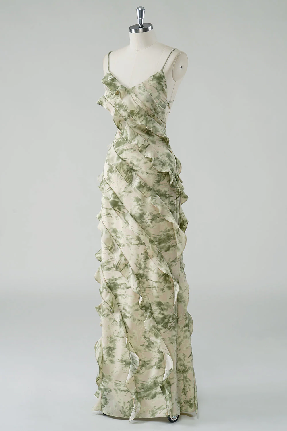 Sage Flower Ruffled Sheath Spaghetti Straps Bridesmaid Dress - Image 3