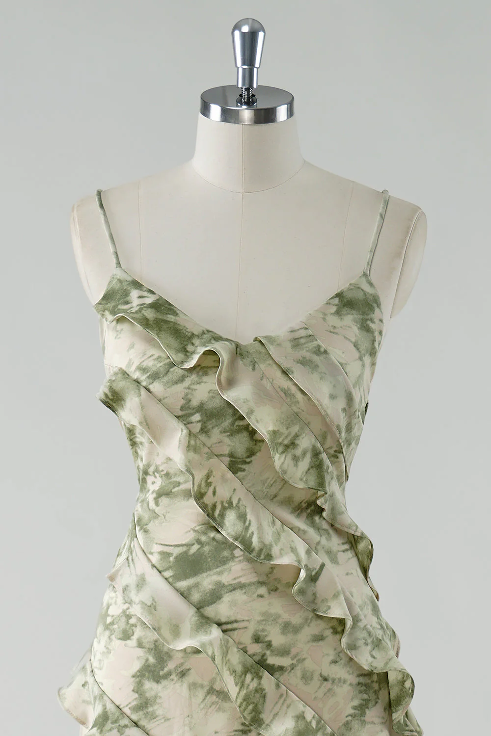 Sage Flower Ruffled Sheath Spaghetti Straps Bridesmaid Dress - Image 4
