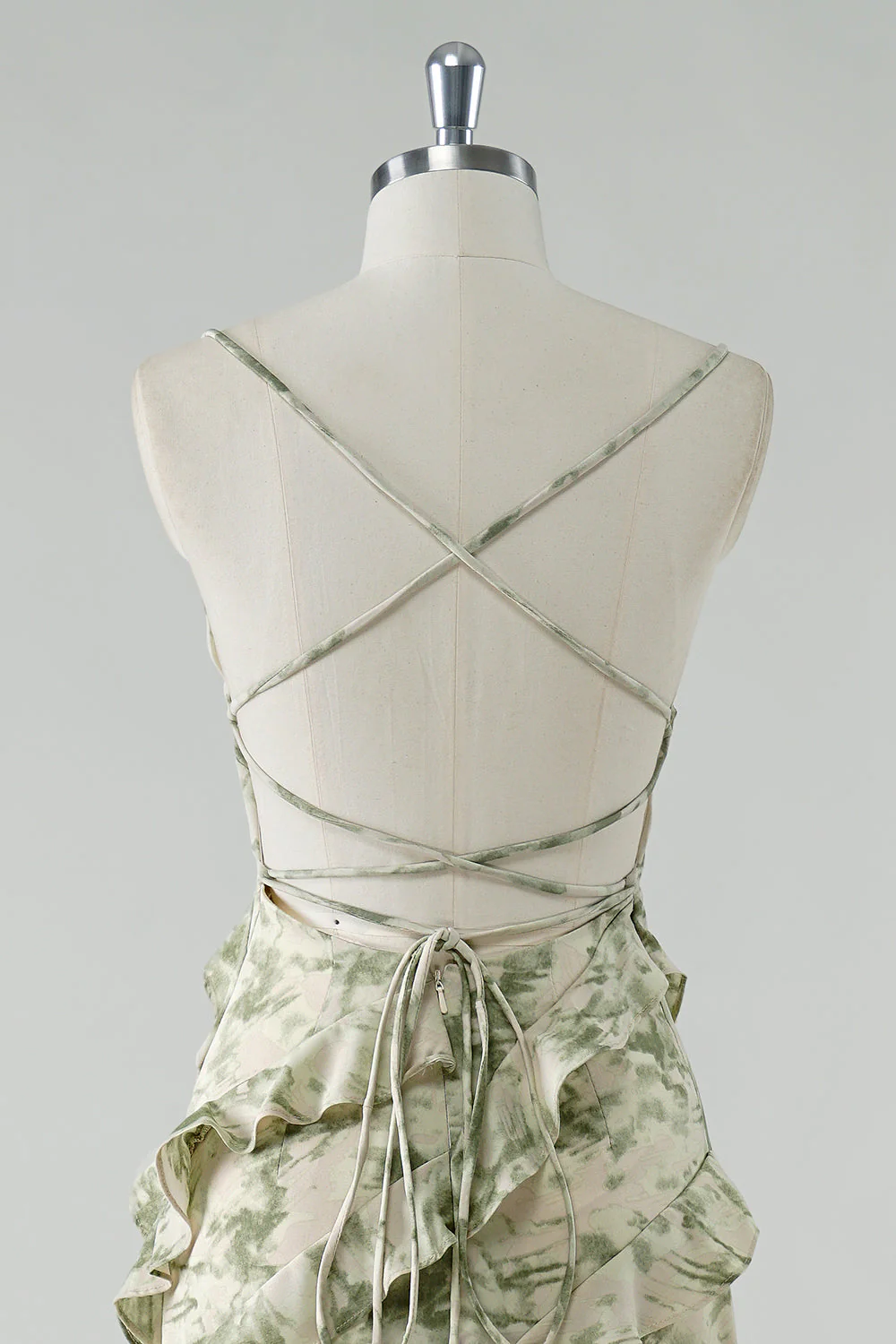 Sage Flower Ruffled Sheath Spaghetti Straps Bridesmaid Dress - Image 5