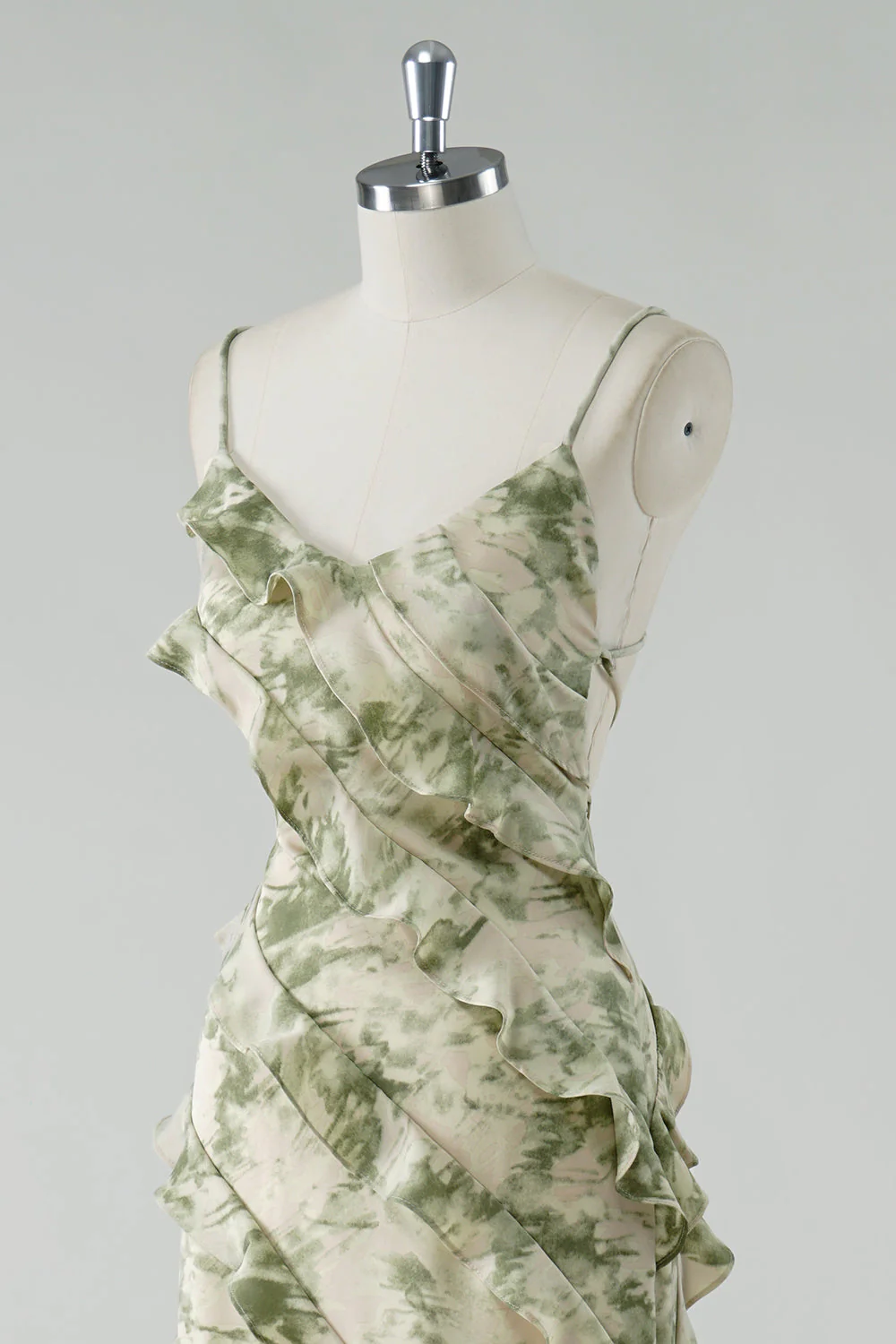 Sage Flower Ruffled Sheath Spaghetti Straps Bridesmaid Dress - Image 6