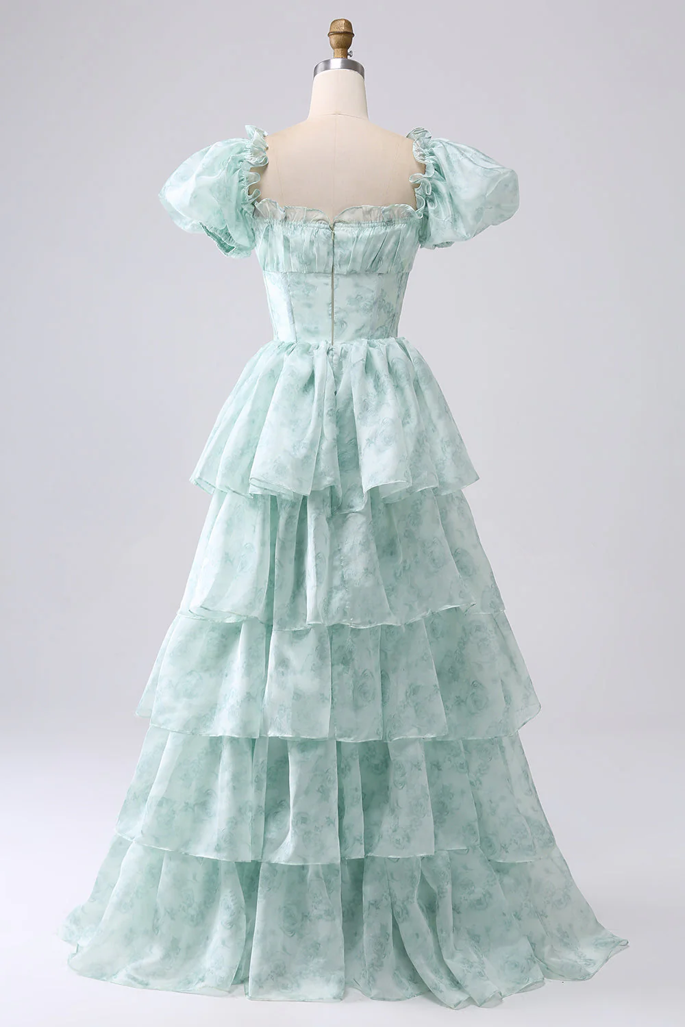 A Line Square Neck Light Blue Tiered Floral Long Prom Dress with Ruffles - Image 11