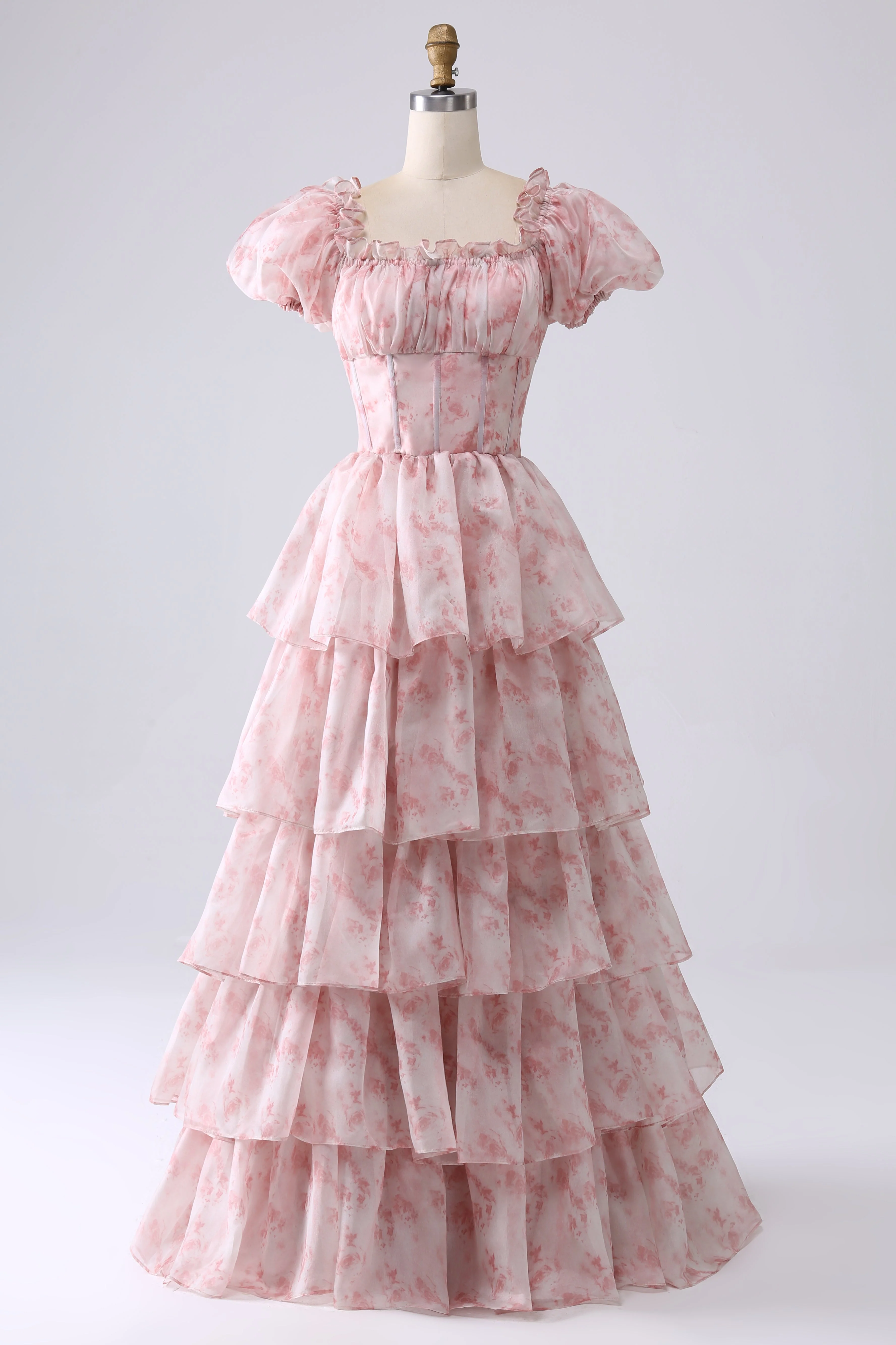 A Line Square Neck Light Blue Tiered Floral Long Prom Dress with Ruffles - Image 8