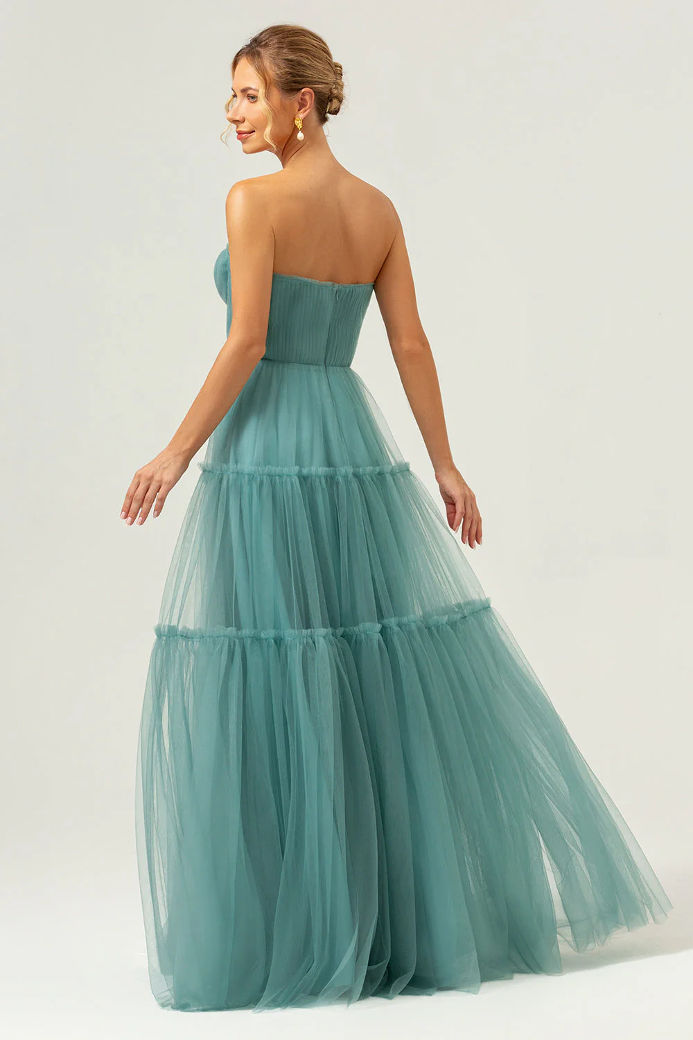 A-Line Strapless Corset Tulle Eucalyptus Bridesmaid Dress - Image 2
