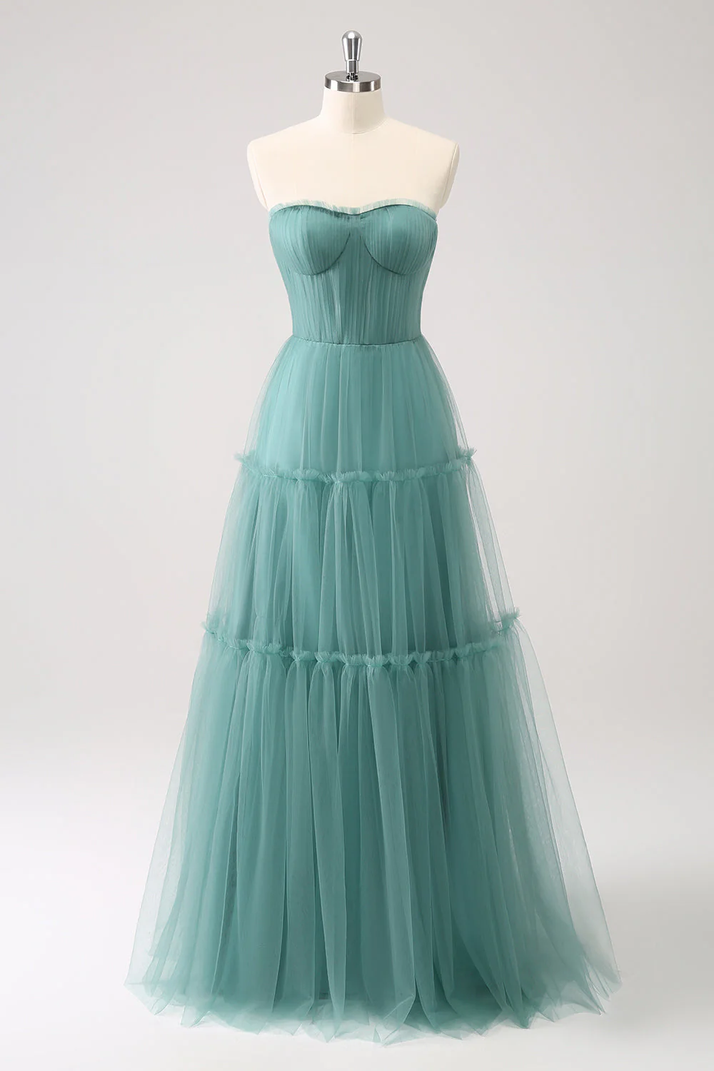 A-Line Strapless Corset Tulle Eucalyptus Bridesmaid Dress - Image 3
