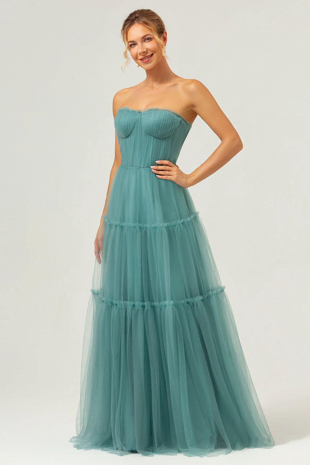 A-Line Strapless Corset Tulle Eucalyptus Bridesmaid Dress - Image 5