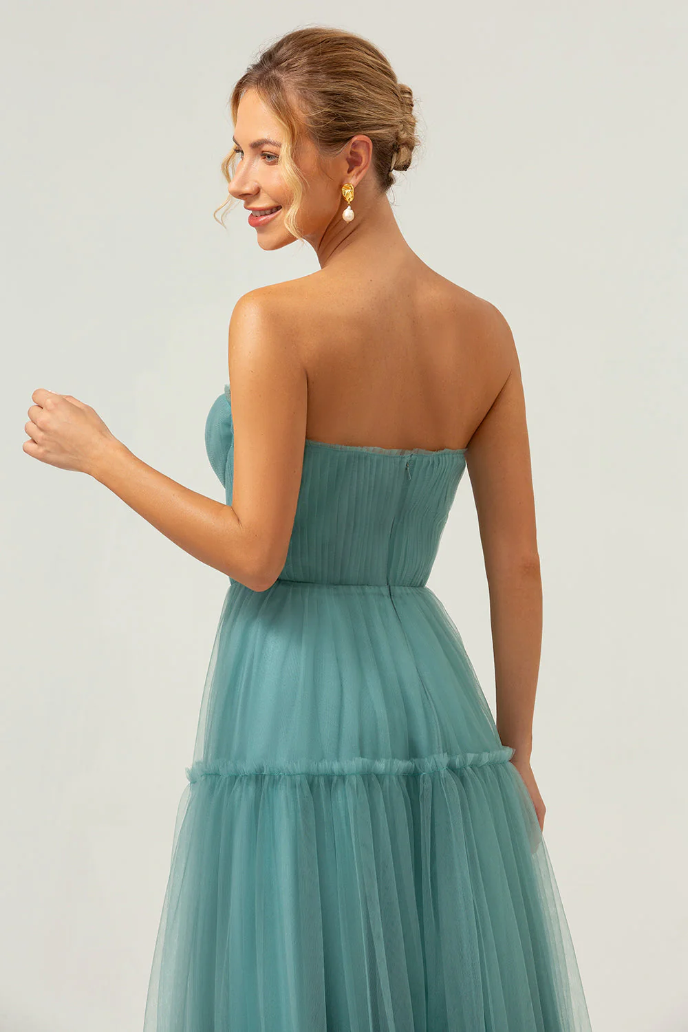 A-Line Strapless Corset Tulle Eucalyptus Bridesmaid Dress - Image 7