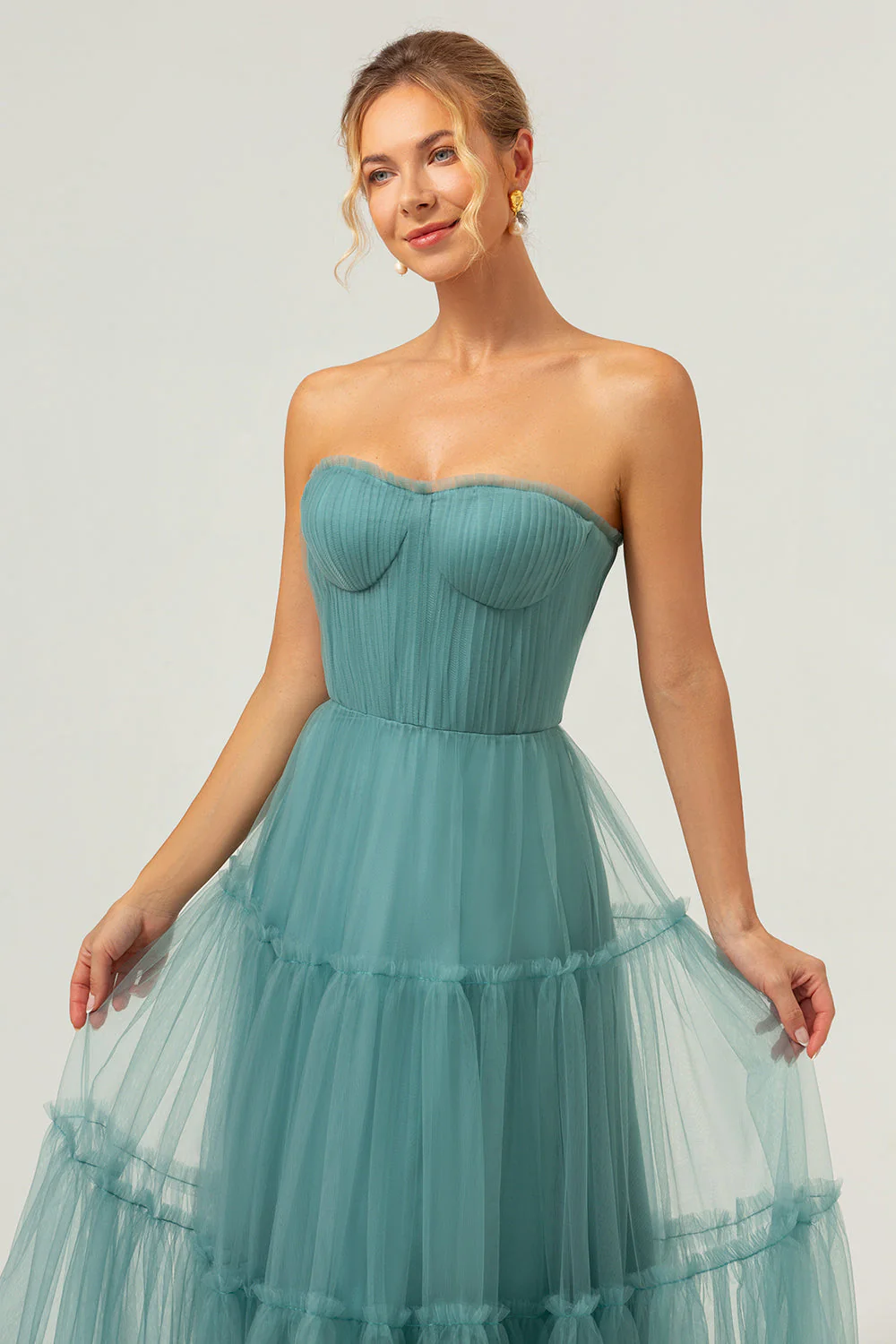 A-Line Strapless Corset Tulle Eucalyptus Bridesmaid Dress - Image 8