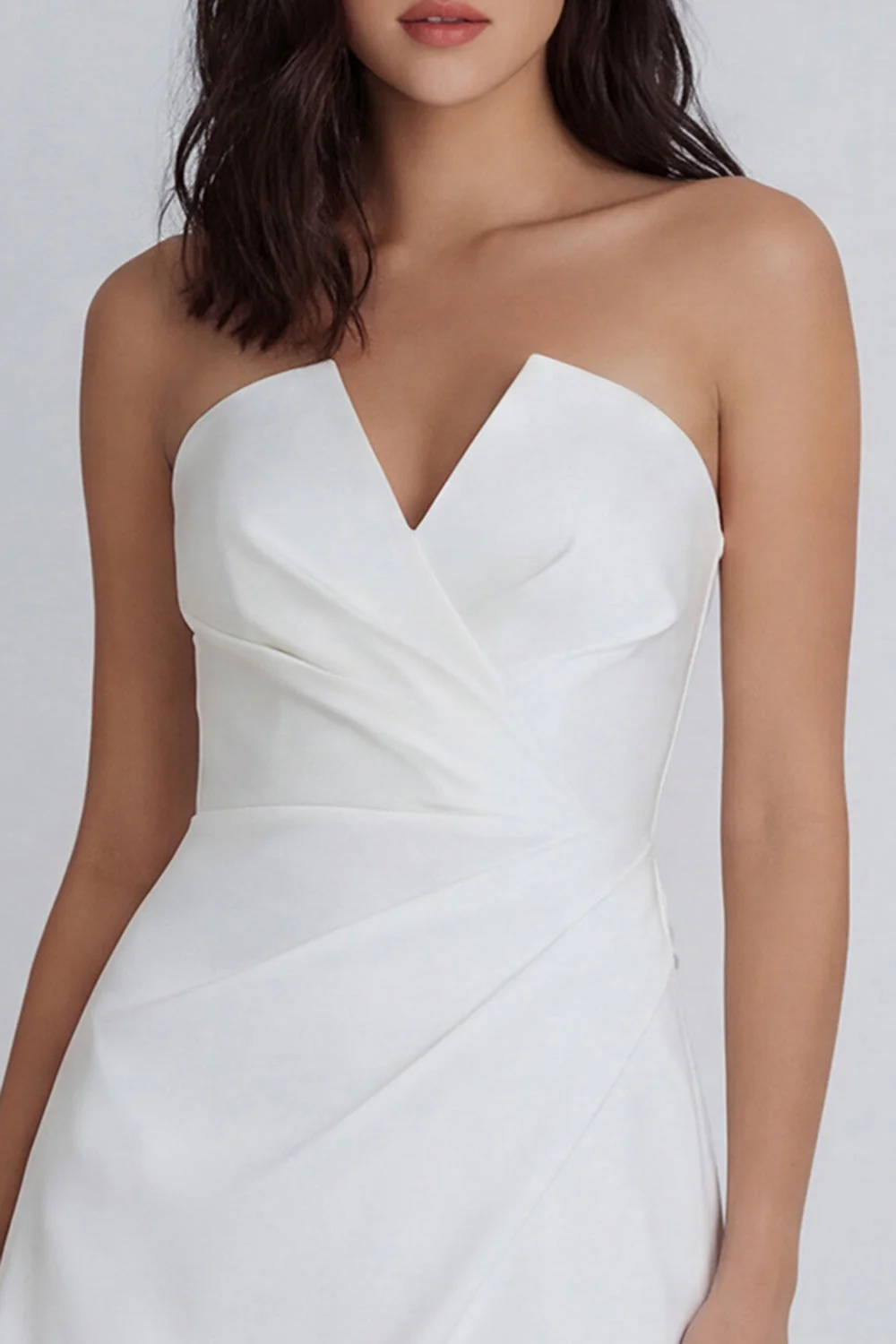 White A-Line Strapless Ruched Graduation Dress - Image 3