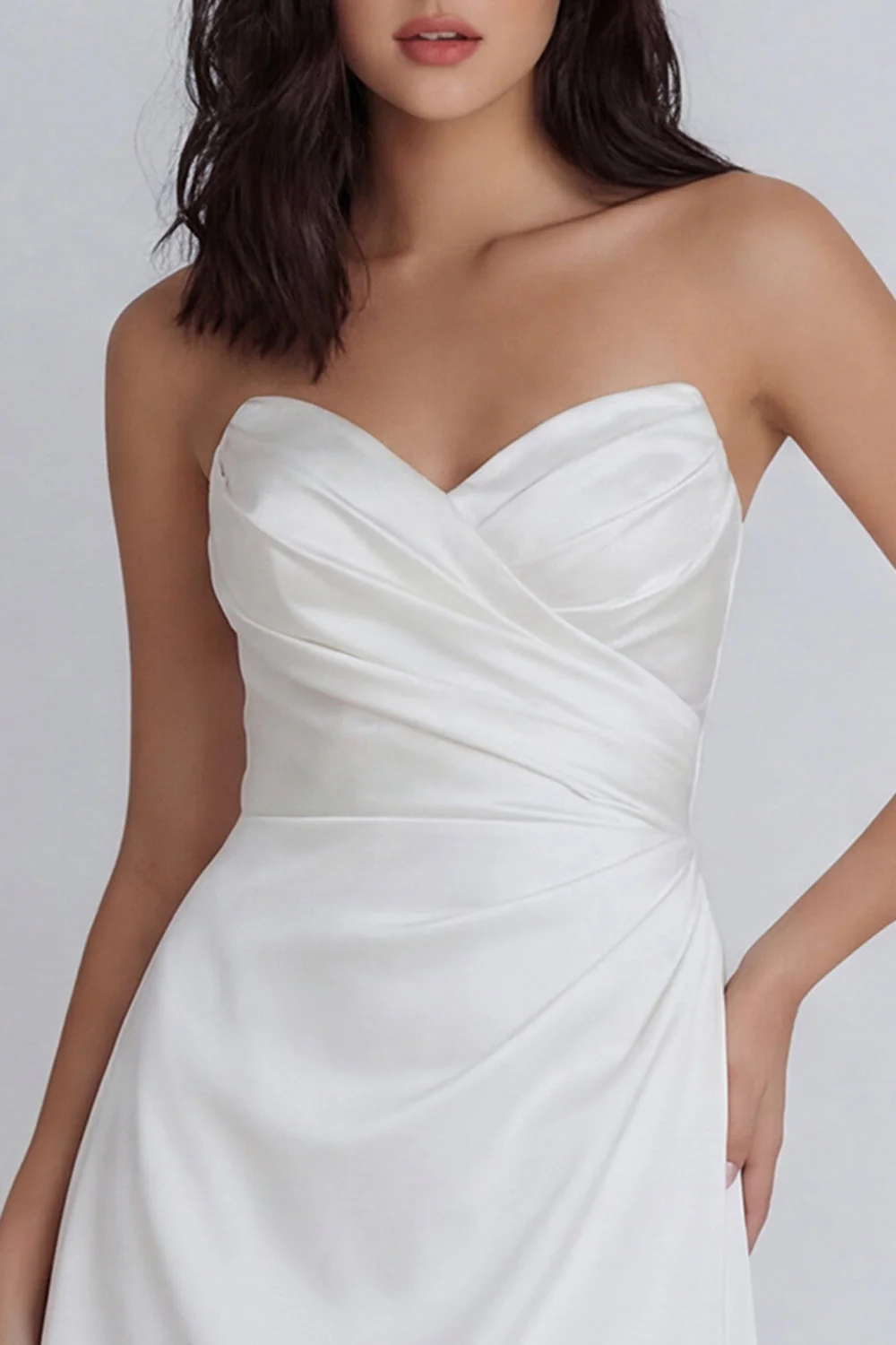 A-Line Sweetheart Ivory Ruched Satin Graduation Dress - Image 3