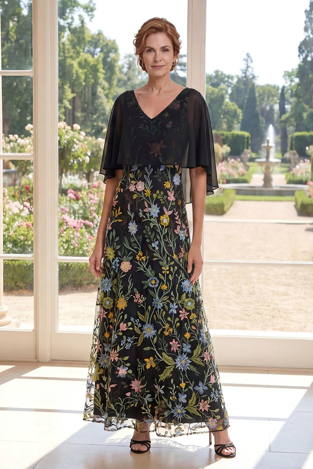 A-Line Black Embroidered Long Mother Of the Bride Dress