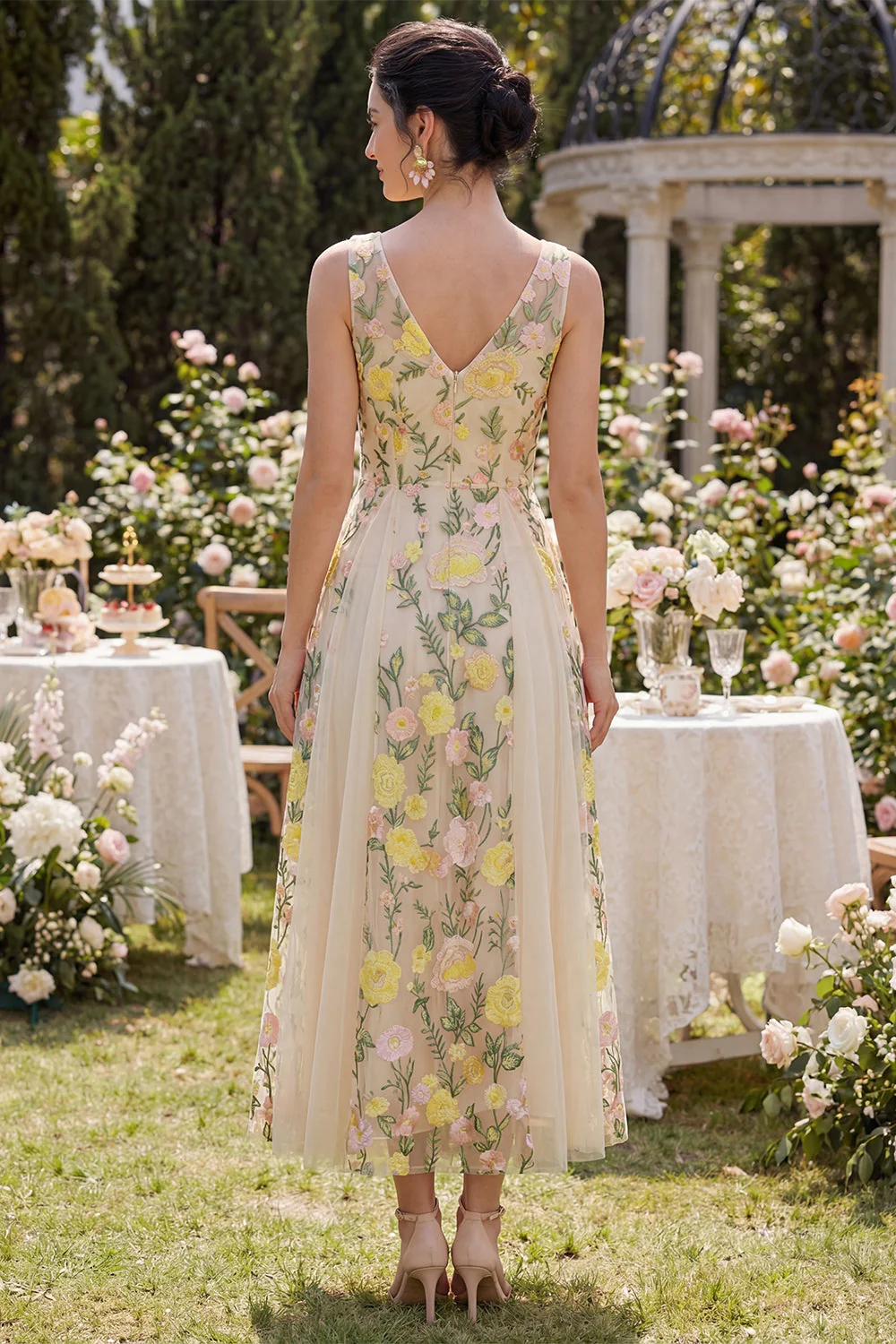 A-Line Tulle Champagne V-Neck Embroidered Floral Midi Dress - Image 2