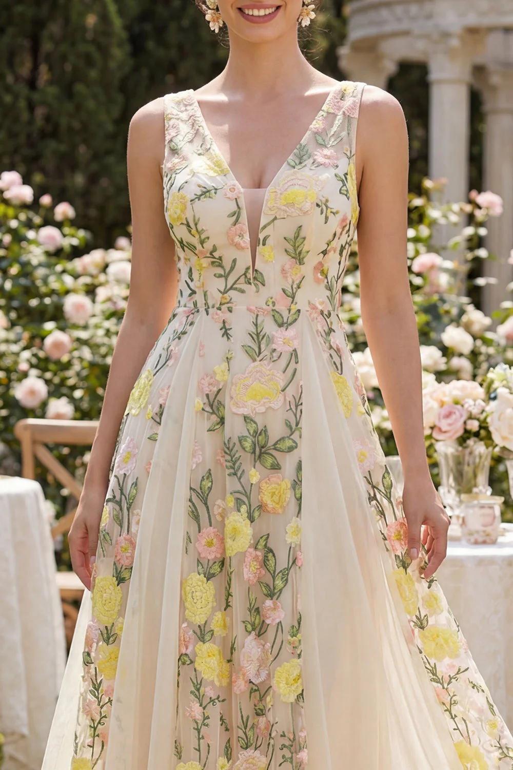 A-Line Tulle Champagne V-Neck Embroidered Floral Midi Dress - Image 3