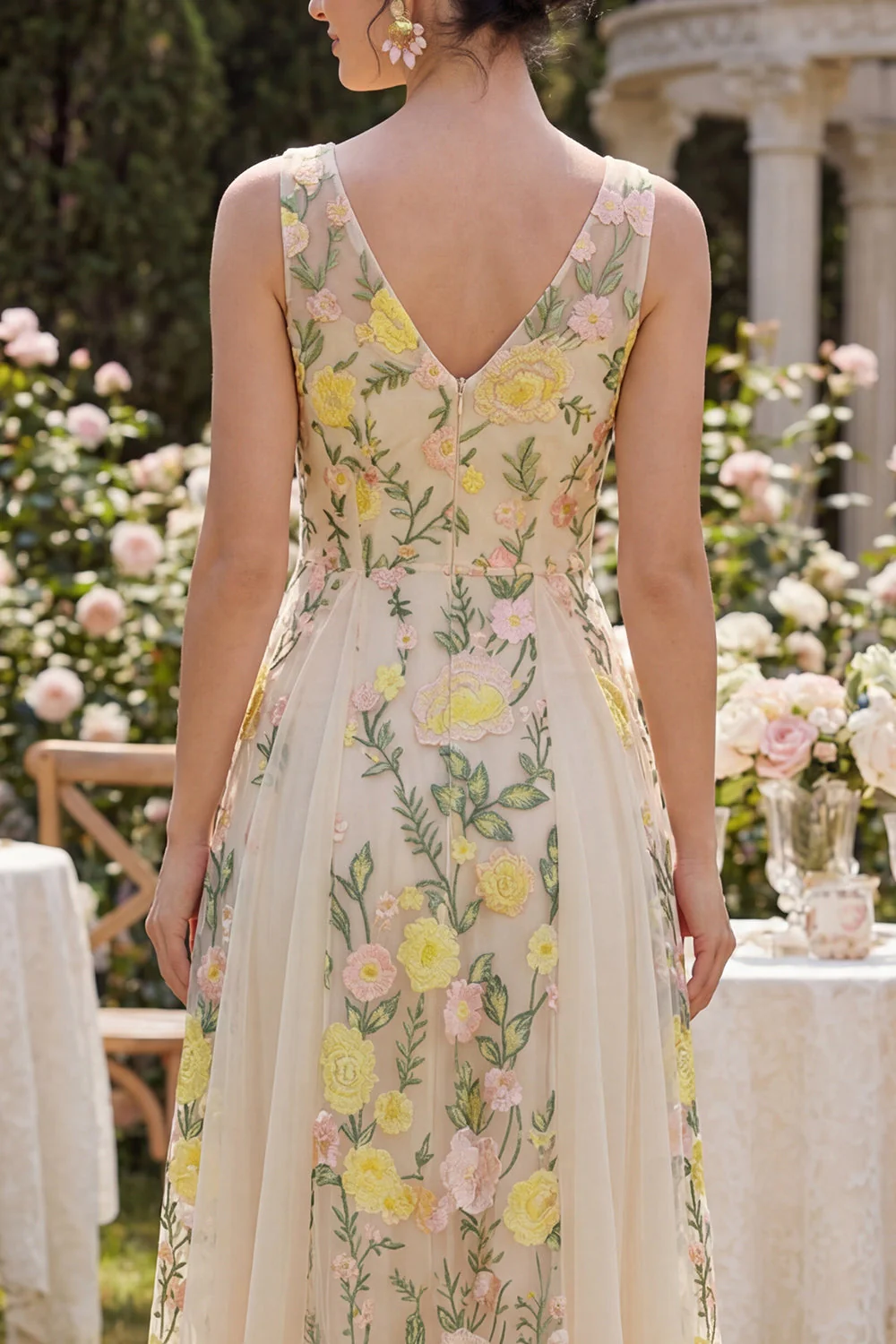 A-Line Tulle Champagne V-Neck Embroidered Floral Midi Dress - Image 4