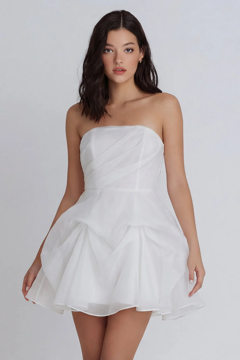 A-Line Tulle Strapless Ivory Ruched Bridal Shower Dress with Bow